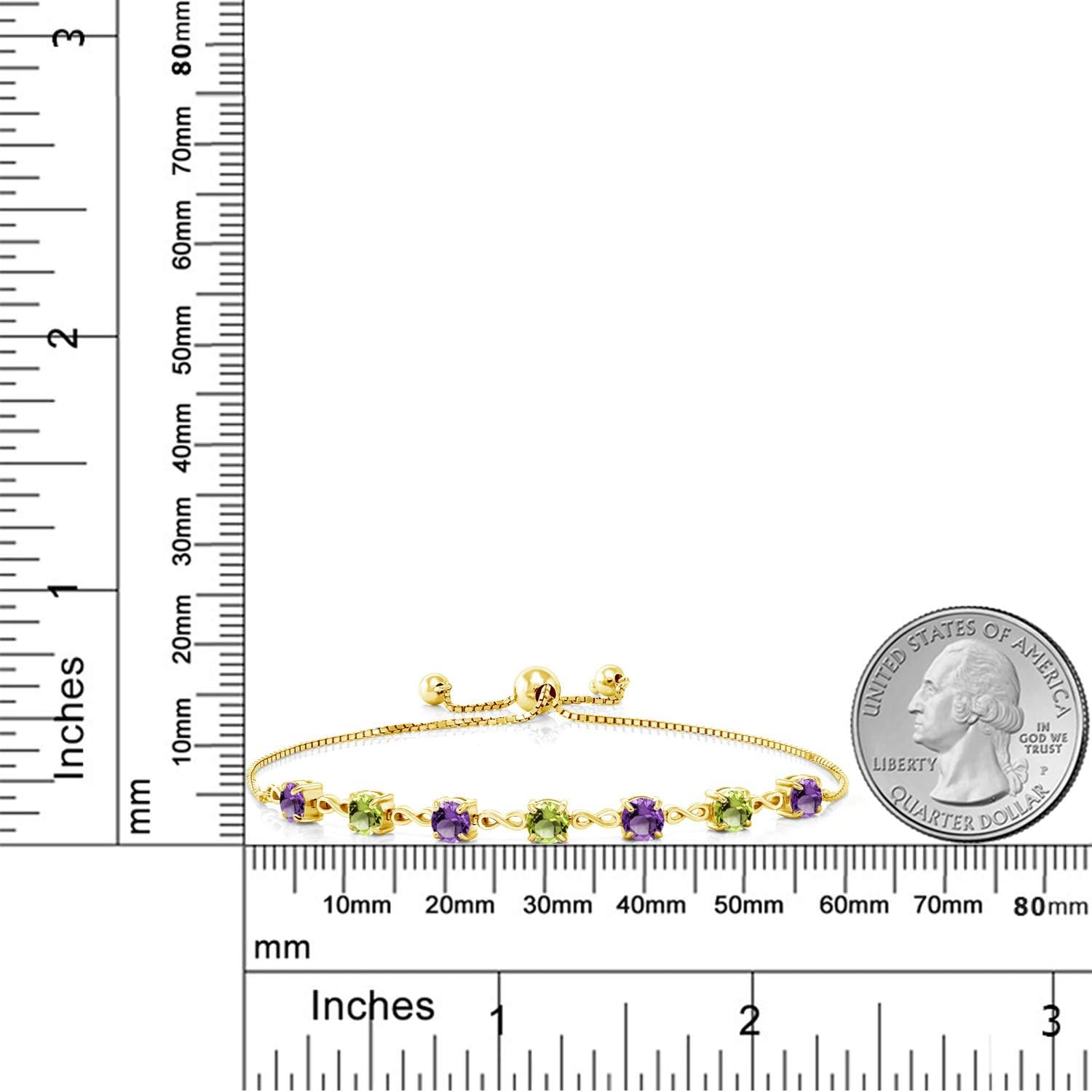 18K Yellow Gold Plated Silver Purple Amethyst and Green Peridot Infinity Tennis Bracelet For Women | 2.67 Cttw | Gemstone February Birthstone | Round 4.5MM | Fully Adjustable Up to 9 Inch