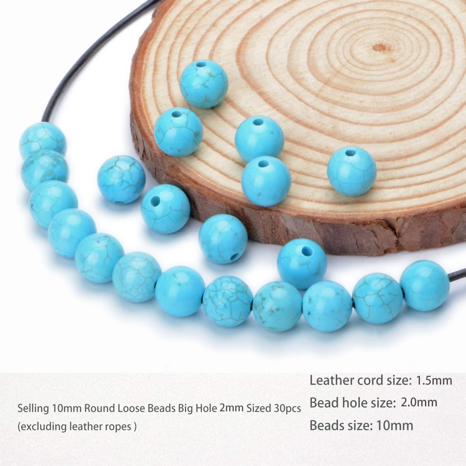 AD Beads Natural semi Precious Gemstone 10mm Round Loose Beads Big Hole 2mm Sized 30pcs (Blue Turquoise) - Image 3