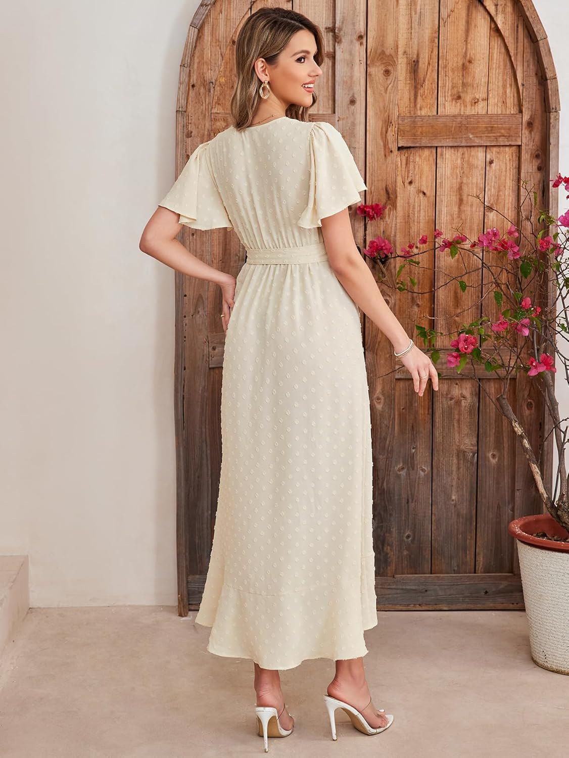 KUTUMAI Women 2024 Swiss Dot Maxi Dress V Neck Wrap Belted Ruffle A Line Flowy Boho Wedding Guest Long Dresses - Image 5