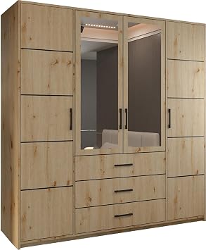 MN Furniture 4 Door Hinged Wardrobe with Mirror Panels, Drawers & Shelves, Large Storage Bedroom Cupboard, Engineered Wood, 200cm Artisan