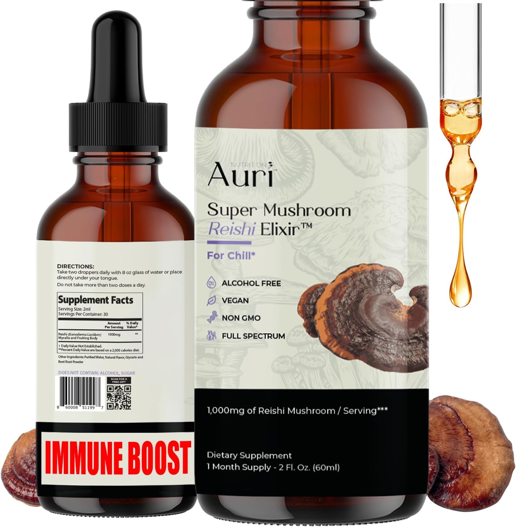 Auri Nutrition Reishi Super Mushroom Elixir - Immune Booster and Stress Support Supplement to Achieve Deeper Sleep - Reishi Tincture 60ml