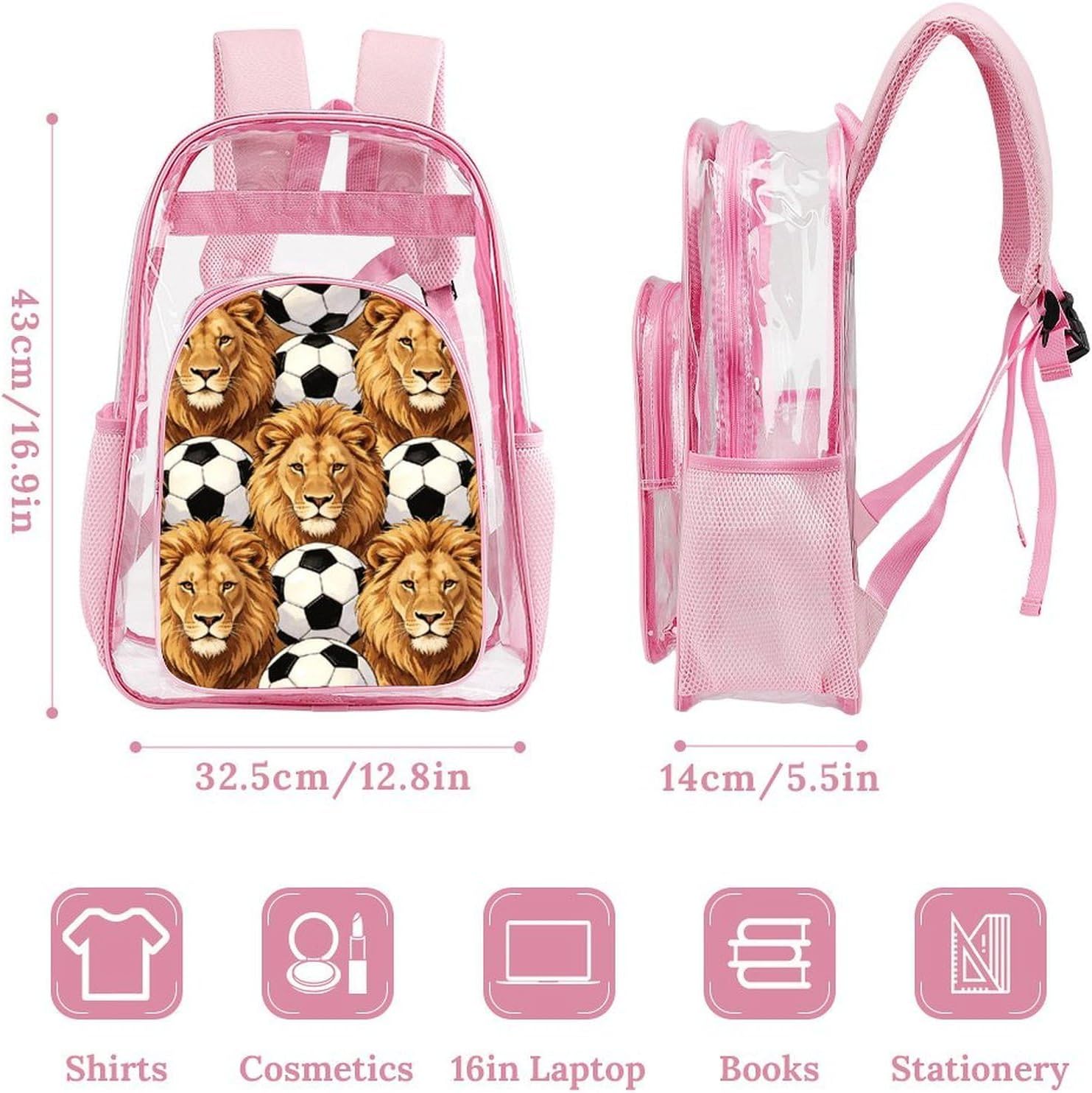 Soccer Lions Clear Backpack with Front Pocket See Through Shoulder Bag | Transparent 17 Inches Stadium Events Concert Fashion Work Travel Cute