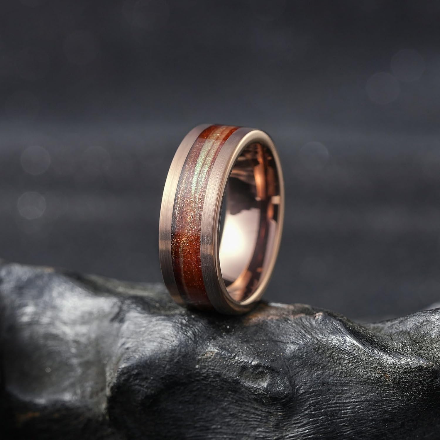 King Will 8mm Mens Tungsten Wedding Band Gorgeous Golden/Silver/Brown Flat Pipe Cut Carbide Ring Yellow/White/Mocha Green Sand Inlay Men's Engagement Ring Matte Brushed Finish Comfort Fit Size 7-14