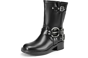 Mid Calf Boots for Women, Square Toe Motorcycle Boots with Buckles