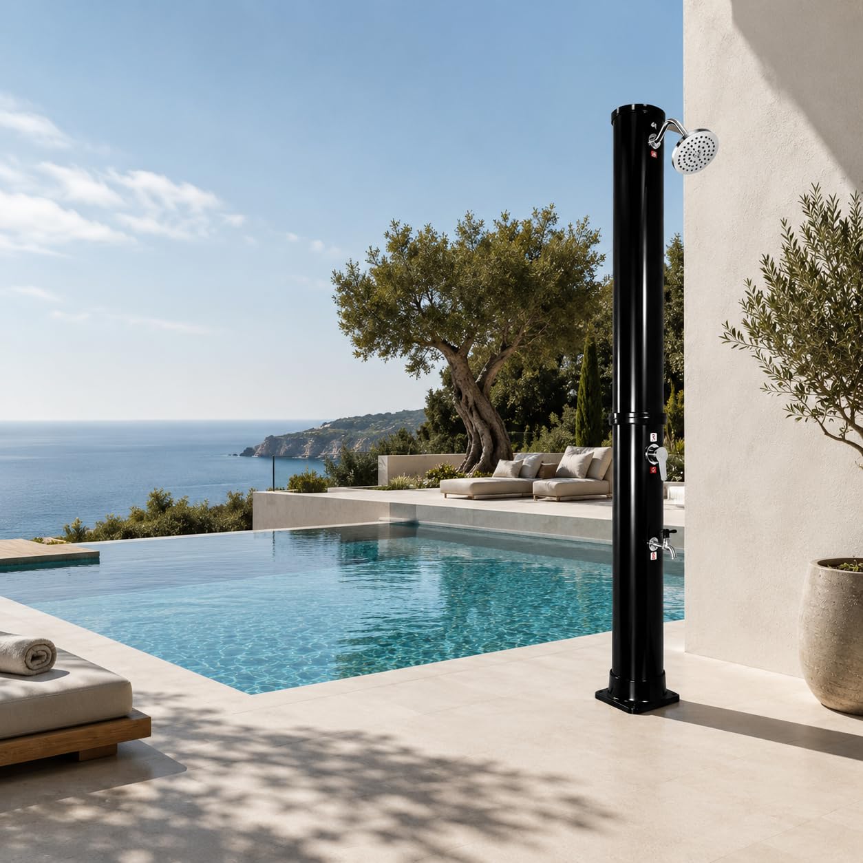 Ducha Solar Exterior 35 L jardín y Piscina con Mezclador y Grifo lavapiés – Depósito PVC Acero Inoxidable, Temperatura 60 °C, 216 cm, sin Electricidad