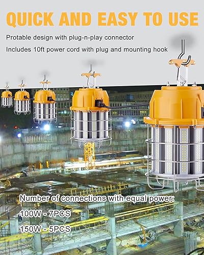 Miniatura 6 de Luz de trabajo temporal LED de 100 W, luces de construcción, 12,000 lm, 5000 K, luz diurna, acero inoxidable, portátil, colgante, iluminación de