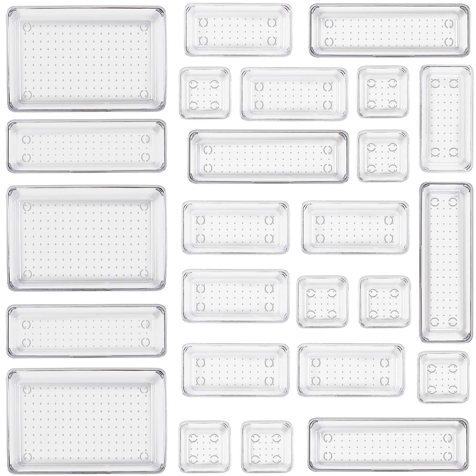 Collazoey 25 piezas Organizadores de Cajones Transparentes,con Organizador de tocador de 4 Tamaños,Organizadores de Cosméticos Transparentes Antideslizantes para Baño,Tocador,Cocina,Oficina