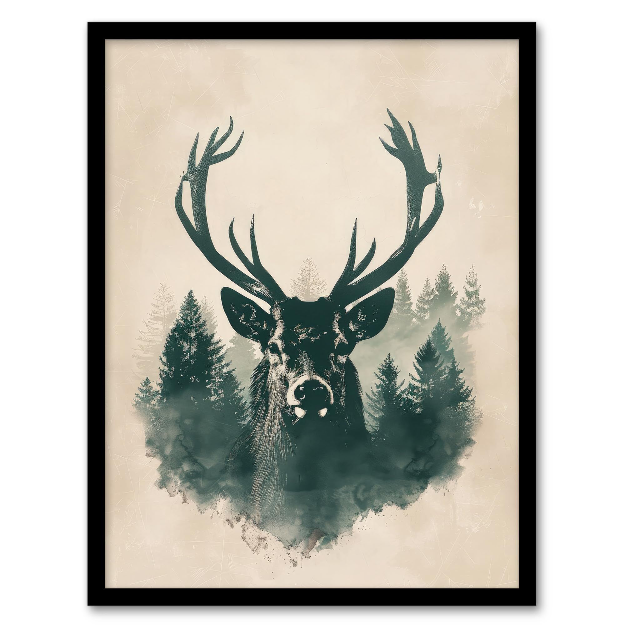 Artery8 Framed 12X16" Majestic Stag Head Forest Watercolour Design For Living Room Art Print Framed Poster Wall Decor 12X16 Inch
