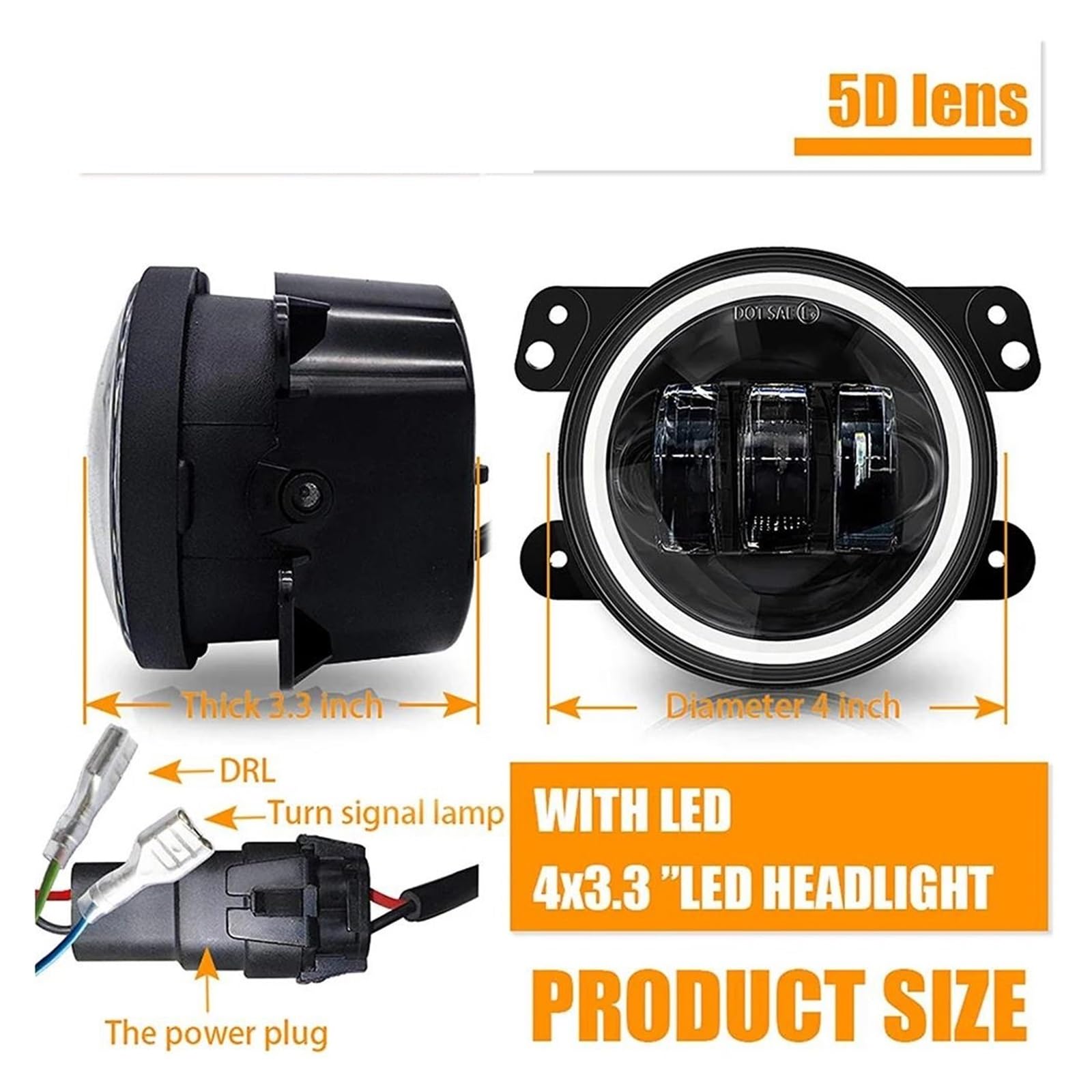 Faros Delanteros para Jeep para Wrangler JK TJ LJ Luces Antiniebla LED con Anillo Halo Blanco DRL Lámpara Señal Giro Ámbar 60W 4 Pulgadas Faros