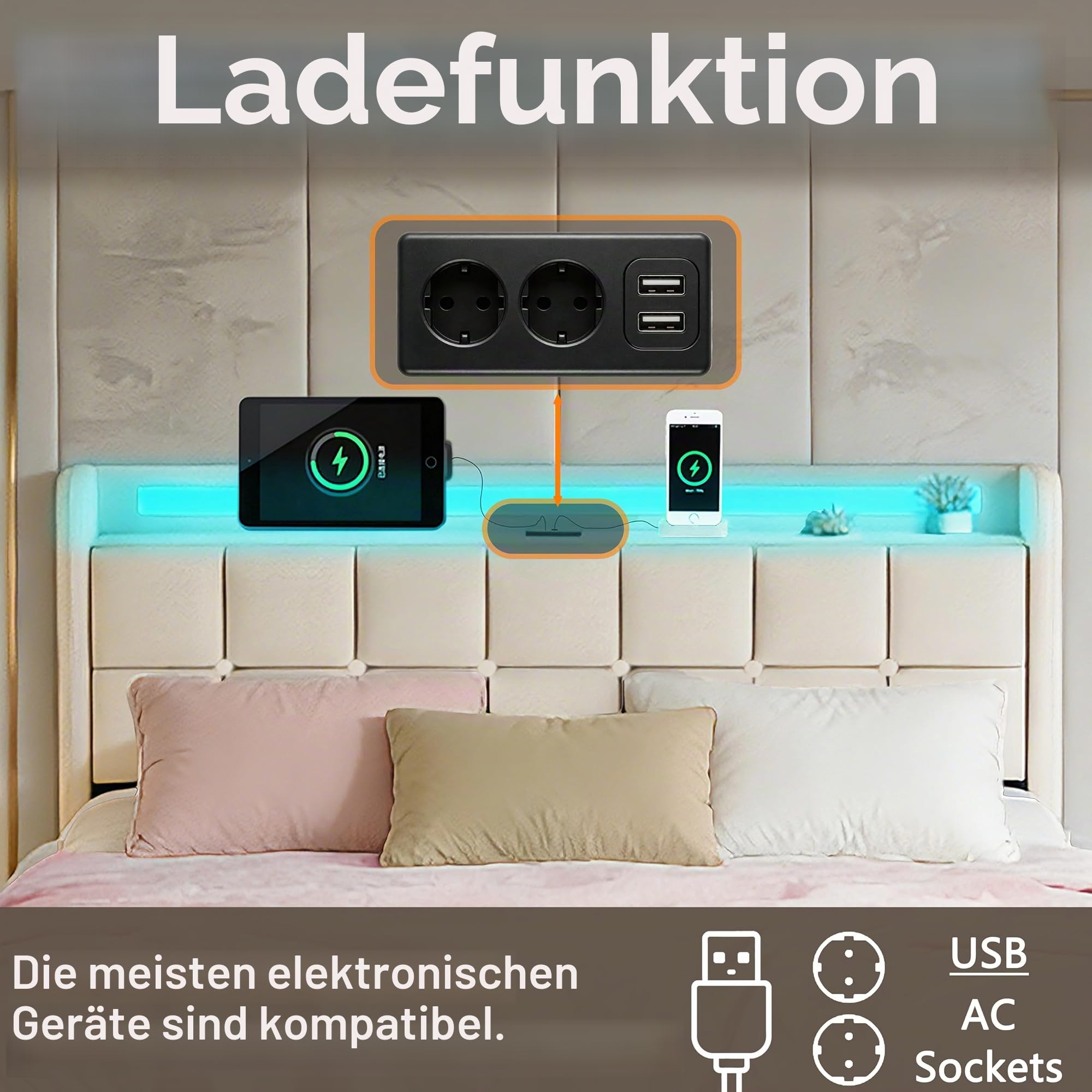 Leinen-Bettgestell 160x200 cm mit AC & USB Anschlüssen, Beige | Ladestation, 4 Schubladen, Polsterbett, LED-Beleuchtung, ohne Matratze, Holzlattenrost