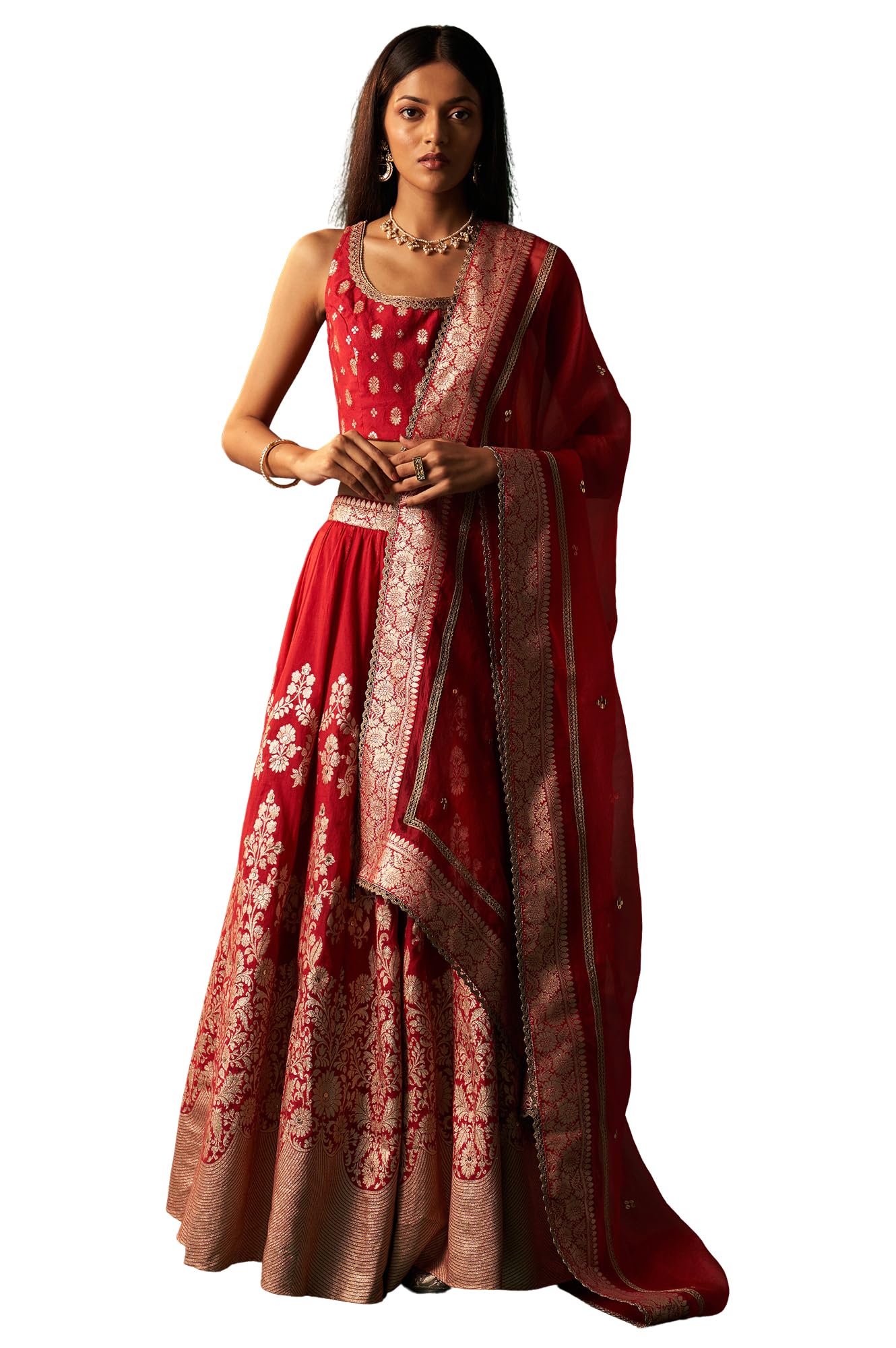 wishful Women's Zari Embroidered Jacquard Blouse with Flared Skirt and Dupatta Set-picture-35