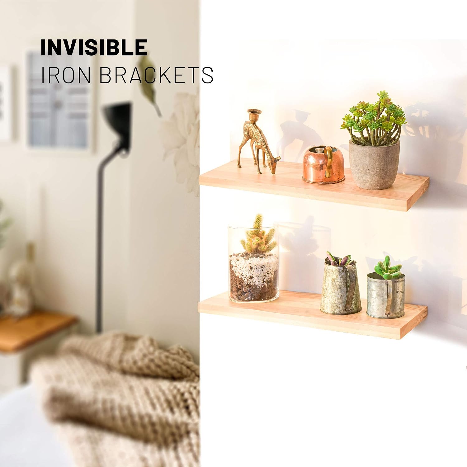 Labcosi Floating Shelves Wall Mounted with Invisible Bracket, Solid Pine, 2-Pack Natural Wood Display Ledges and Rack for Home Décor, Trophy Display, Photo Frames, Potted Plant (Natural Old)