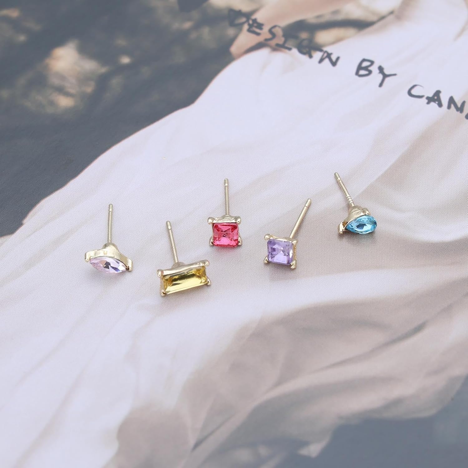 5 Pcs Crystal Stud Earrings Set Small Geometric Birthstone Earrings Teardrop Square Rectangle Solitaire Studs Cubic Zirconia Cartilage Helix Earrings Trendy Jewelry for Women - Image 6