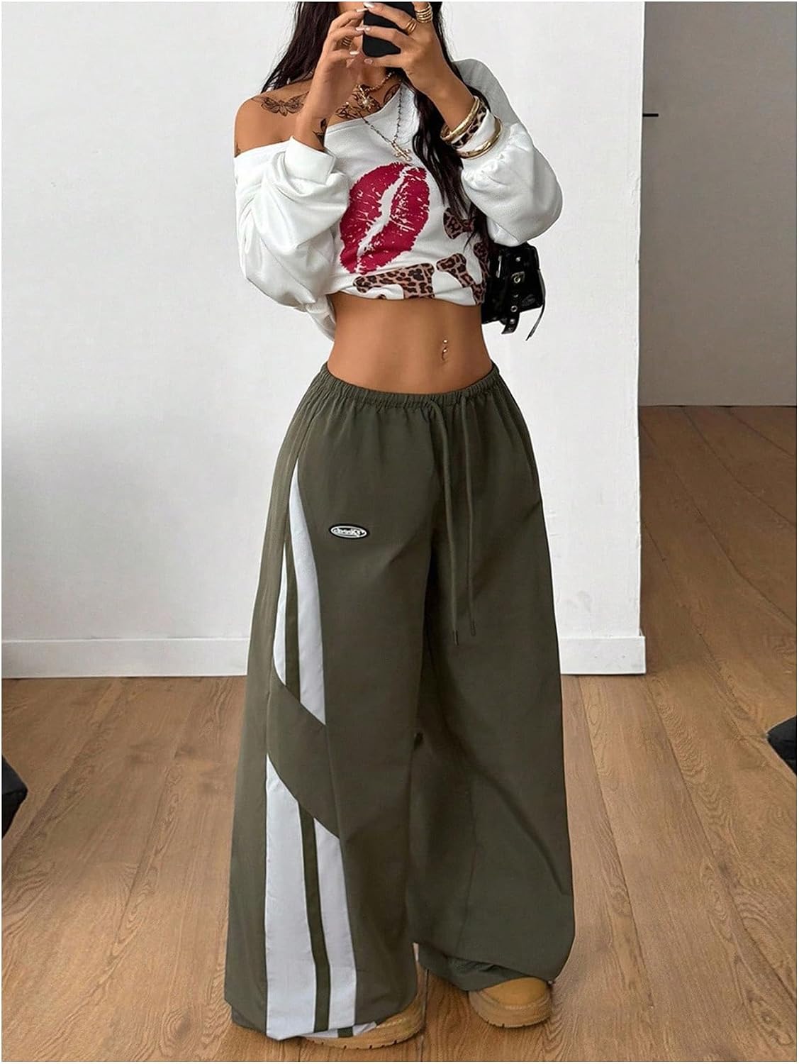 BEAUDRM Women's Y2K Baggy Pants Wide Leg Parachute Track Pants Elastic Waist Striped Color Block Sweatpants with Pocket