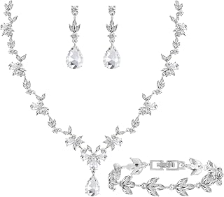 Paxuan Elegant Floral Crystal Jewelry Set for Brides & Bridesmaids - Silver White Necklace, Earrings, Bracelet Wedding Prom Party