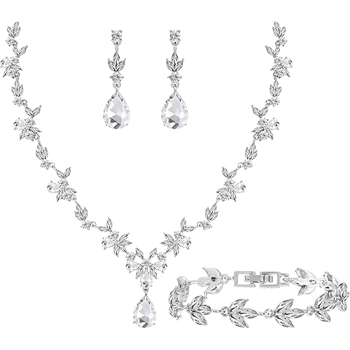 Paxuan Bridal Wedding Elegant Floral Jewelry Set for Women/Brides/Bridesmaids Crystal Jewelry Set for Wedding Prom Party Bridal Crystal Necklace Earrings Bracelet Set