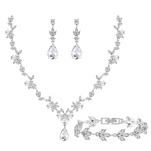 Paxuan Bridal Wedding Elegant Floral Jewelry Set for Women/Brides/Bridesmaids Crystal Jewelry Set for Wedding Prom Party Bridal Crystal Necklace Earrings Bracelet Set