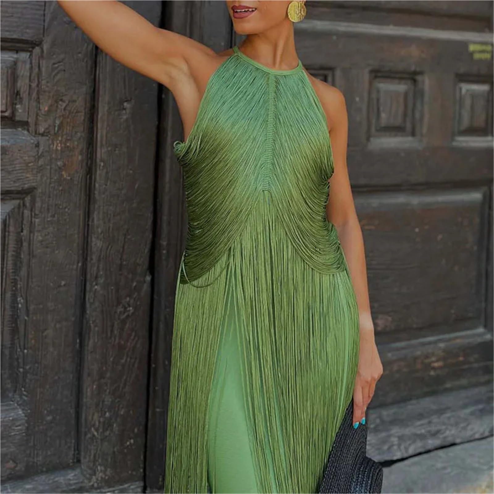 Vestido con Flecos Elegant Tassel Splicing Solid Gowns Dress Women Fashion Hight Wasit Sleeveless Long Sexy Backless Slim Evening para Mujeres