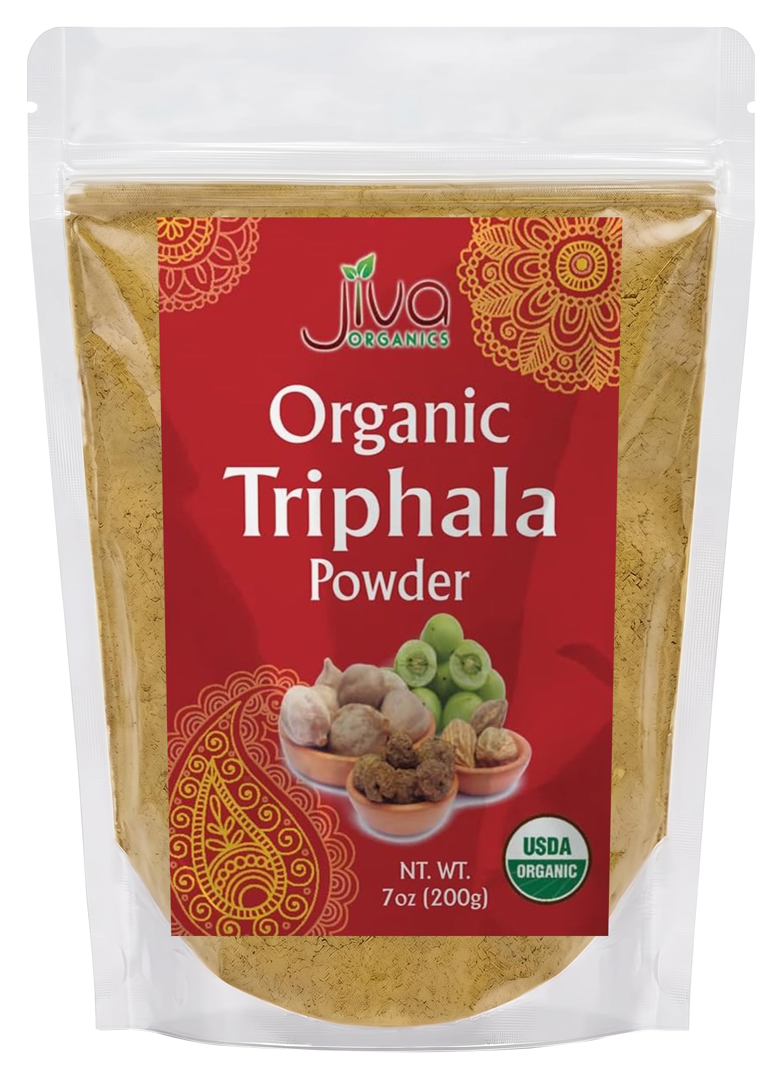 Jiva Organics Organic Triphala Powder 7 Ounce Bag - Ground Amla, Bhibitaki, and Haritaki Fruits Blended, 100% Natural & Non-GMO