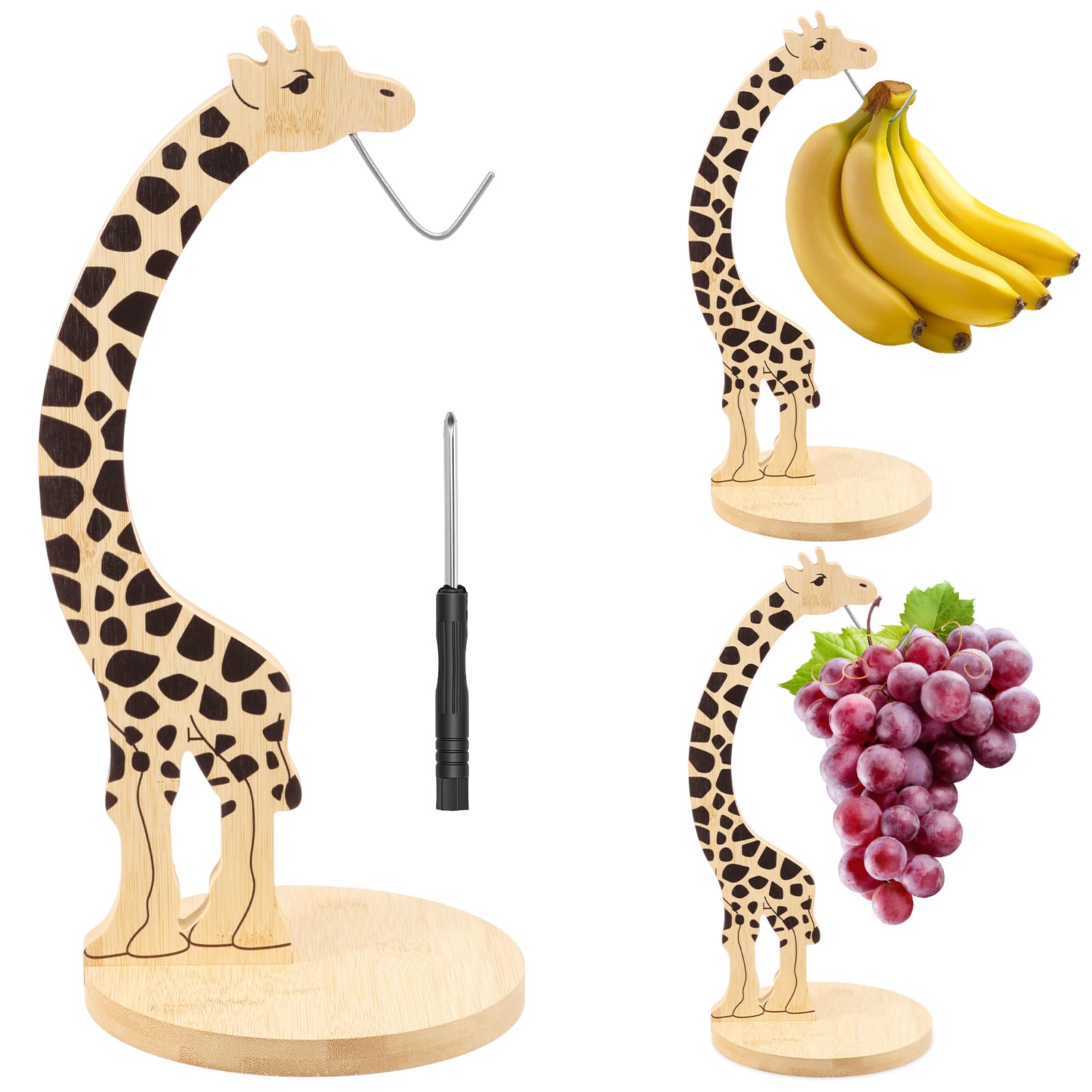 YJQXMYU Wood Banana Holder, Decorative Banana Stand with Stainless Steel Hook, Creative Giraffe Shape Fruit Hanger, Grapes String Storage Rack for Kitchen Counter