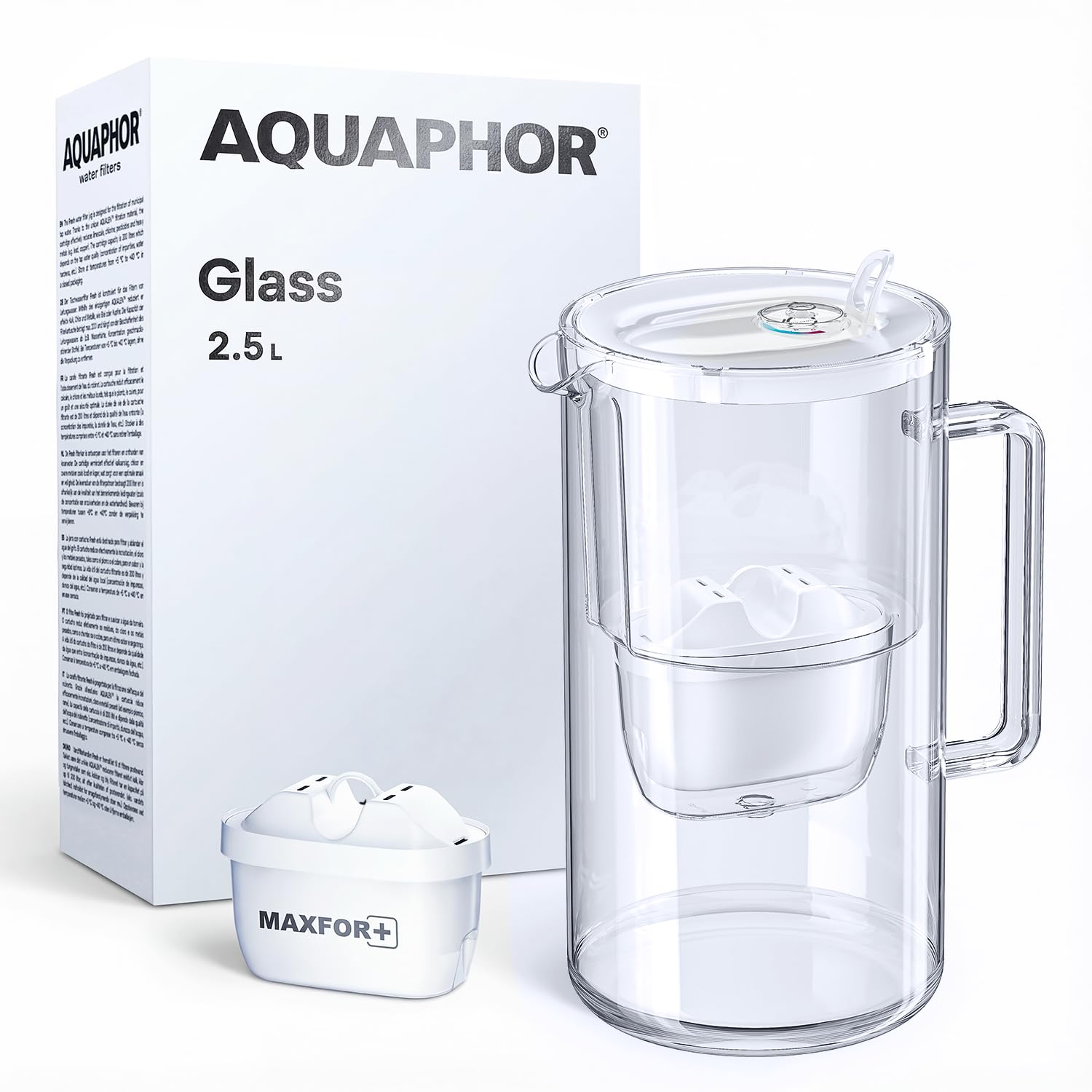 Glass White Water Filter Jug - Take to Table Premium Glass Design Jug with Easy-Fill Flip-Open Lid, 2.5L Capacity, 1 X MAXFOR+ Filter Included, Reduces Limescale, Chlorine & Microplastics.