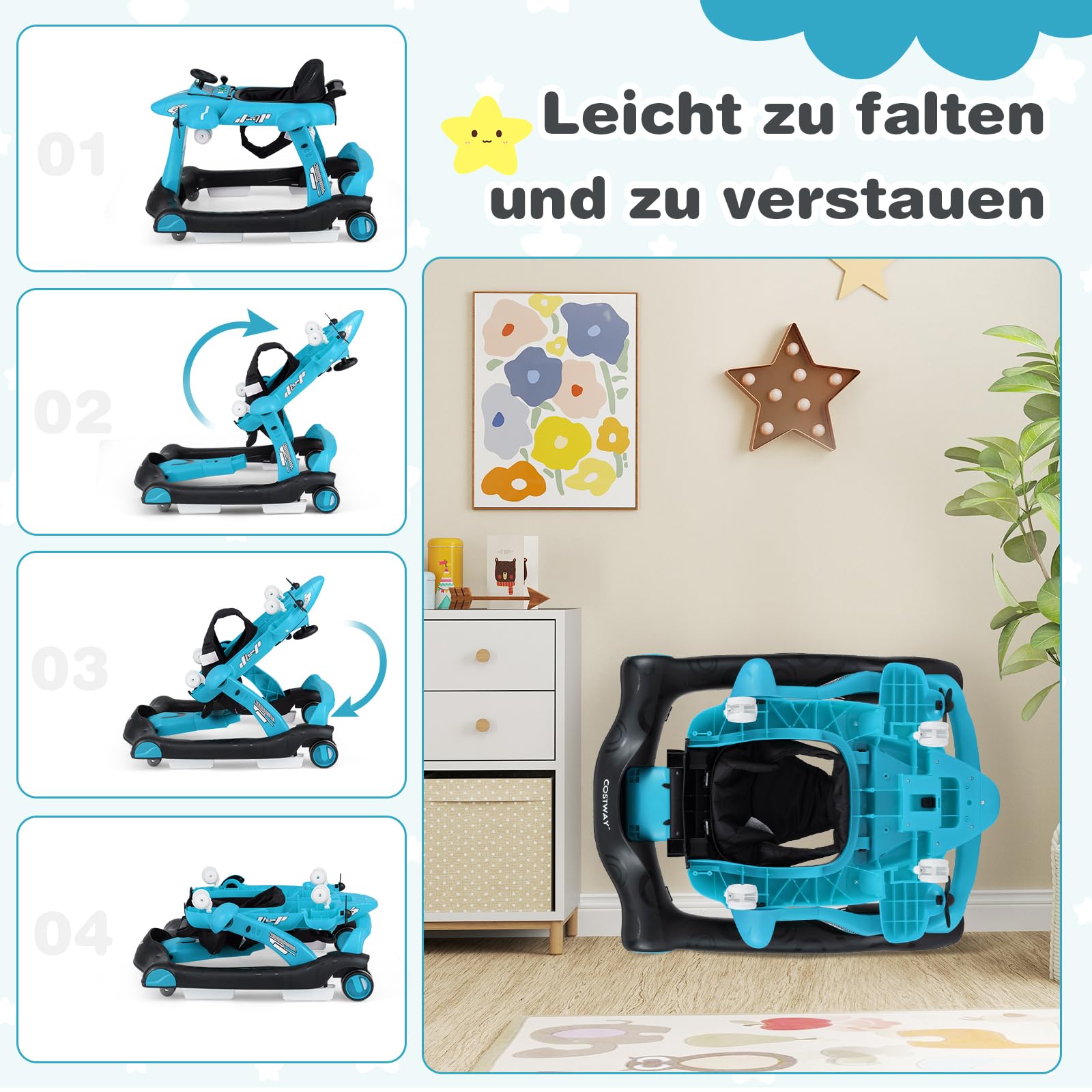 COSTWAY 6 w 1, wózek do nauki chodzenia, składany, z regulowaną wysokością i prędkością, motyw samolotu Baby Walker ze zdejmowaną pozytywką i tacą do jedzenia, bez chodzenia dla dzieci od 6 miesięcy