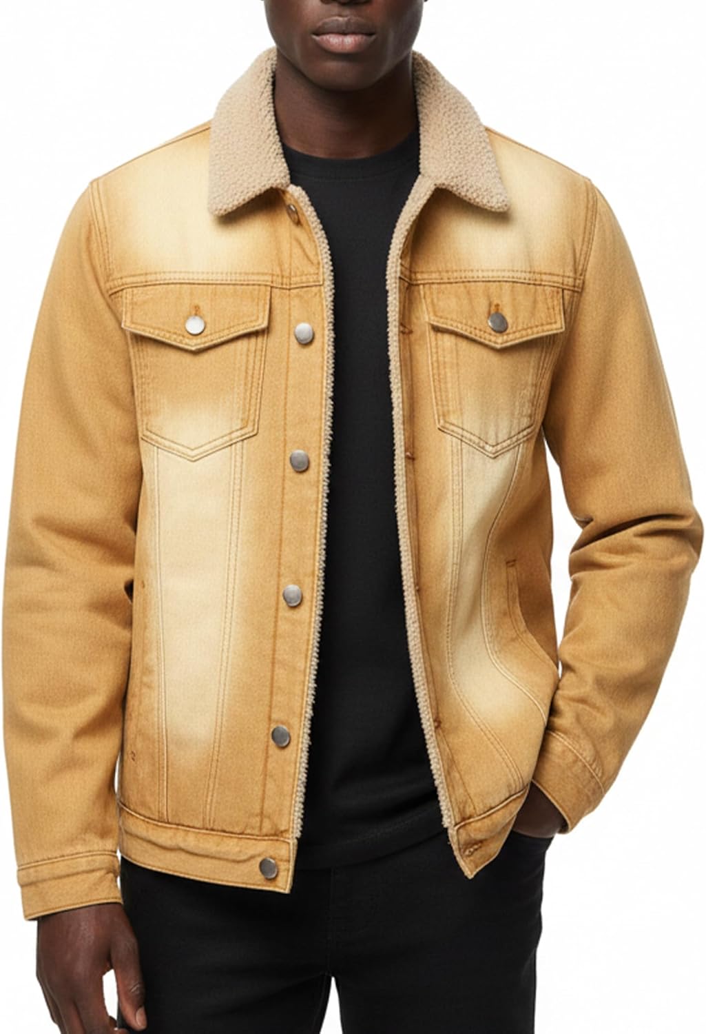 Men's Sherpa Fleece Lined Thicken Denim Jacket, Men Lapel Winter Warm Jean Jacket, Slim Fit Trucker Cowboy Denim Coat - Image 6