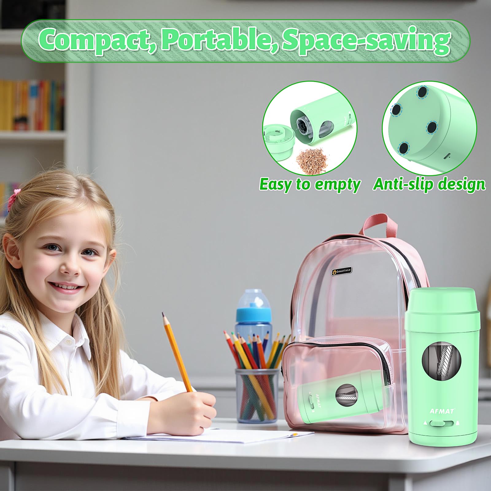 AFMAT Sacapuntas eléctrico totalmente automático, recargable, con recipiente para lápices de 7-8 mm de grosor y finos, entrada y salida automática, sacapuntas eléctrico para casa, oficina, escuela