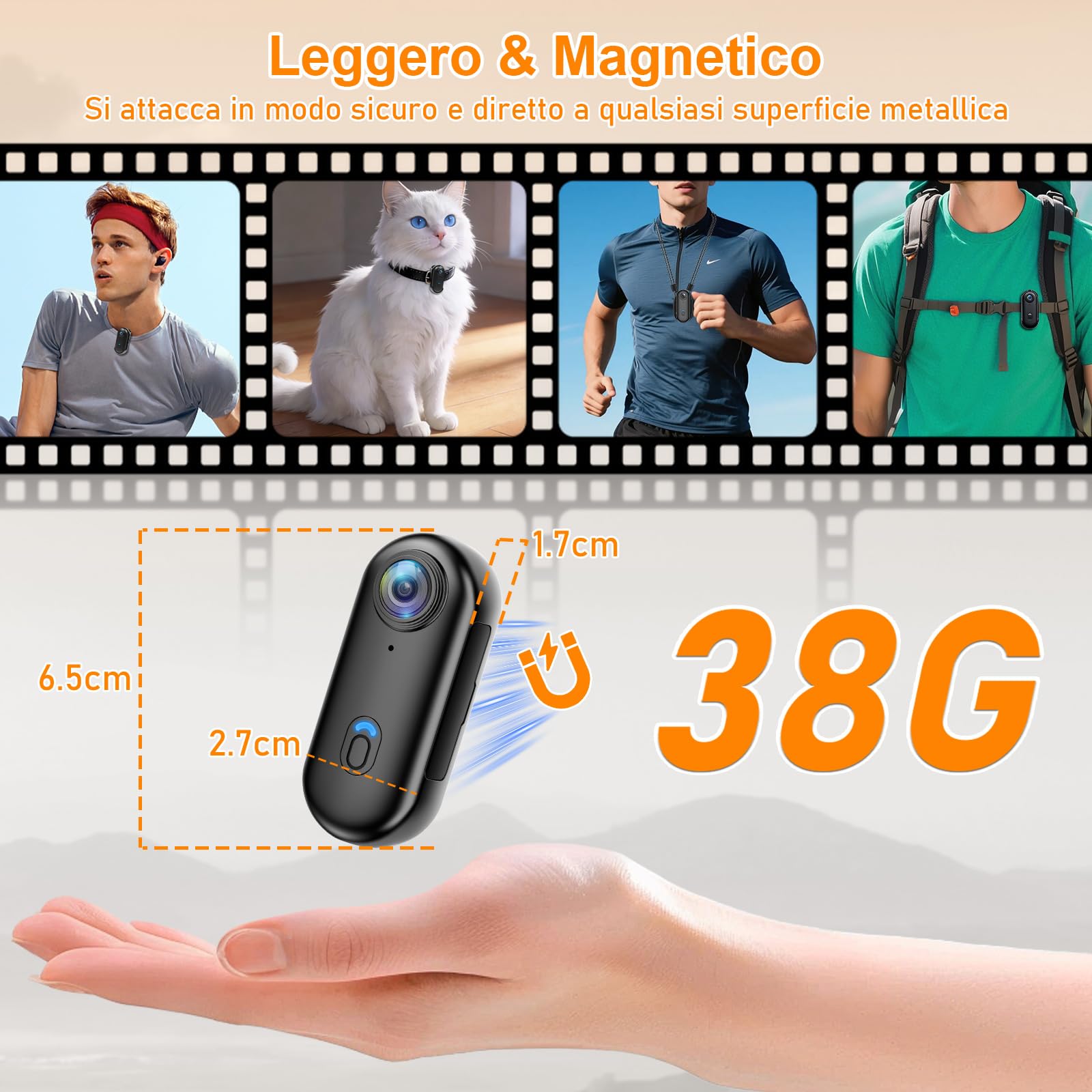 Mini Action Cam 4K, Portable Vlogging Camera WiFi, Fotocamera Subacquea Impermeabile 30M, POV Camera Body Cam 38g,150 Min Rotazione a 360° per Bici/Moto, Subacquea, Sci Ideale Sport Estremi