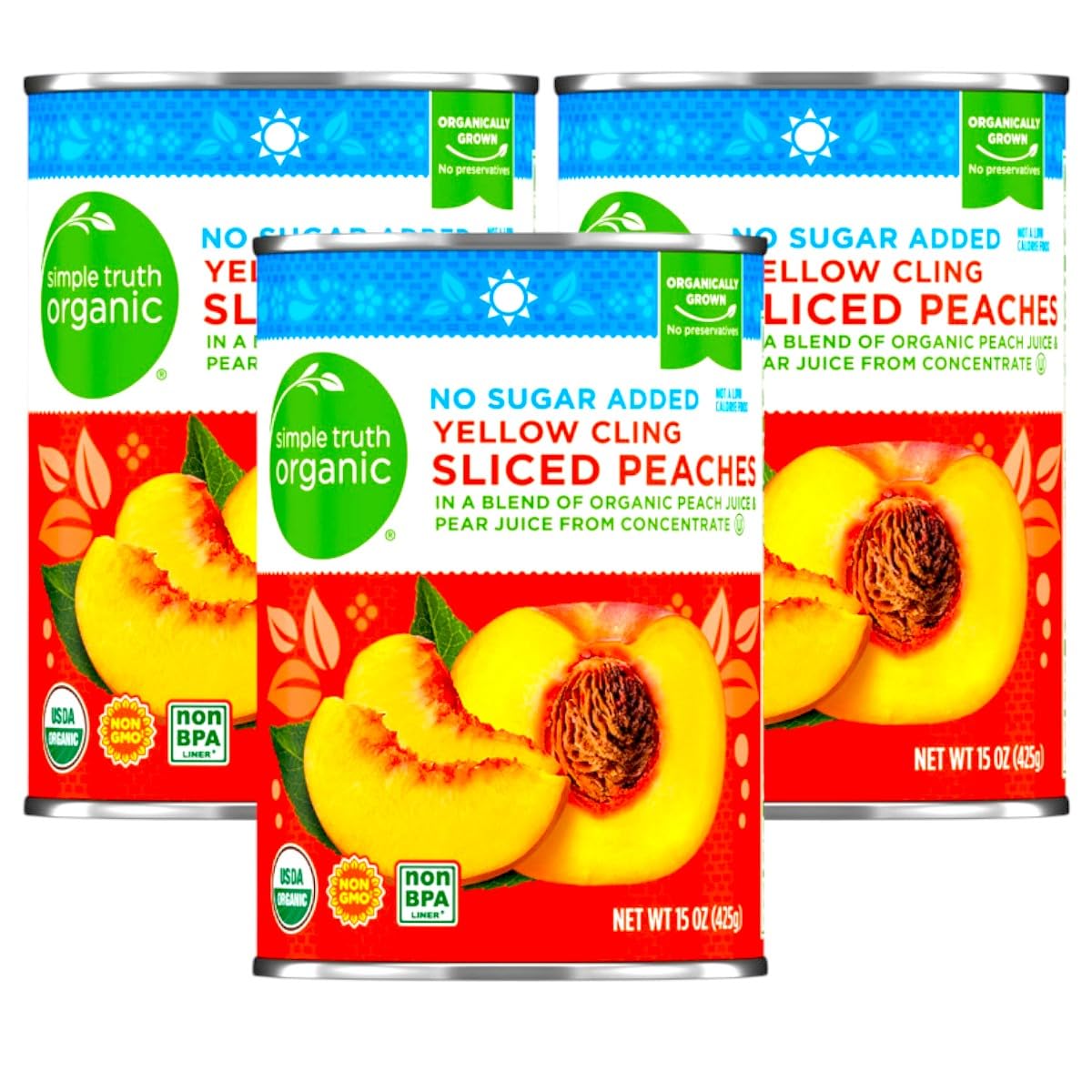 Canned Yellow Cling Sliced Peaches, 15 oz, Pack of 3, Juicy, Ready to Eat, Pantry Fruit