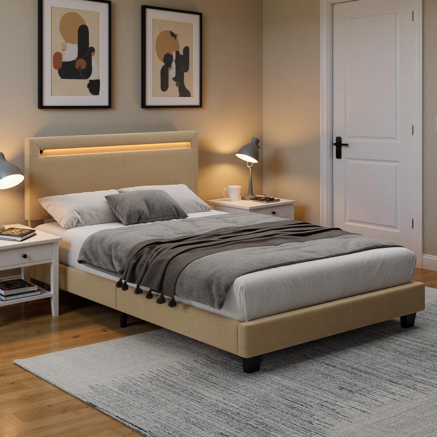 Cama Individual 120x200 cm con Iluminación LED Regulable y Esta, Cabecero Tapizado, Bastidor de Hierro Resistente, Ahorra Espacio, Ideal para Dormitorios y Habitaciones de Invitados, Beige