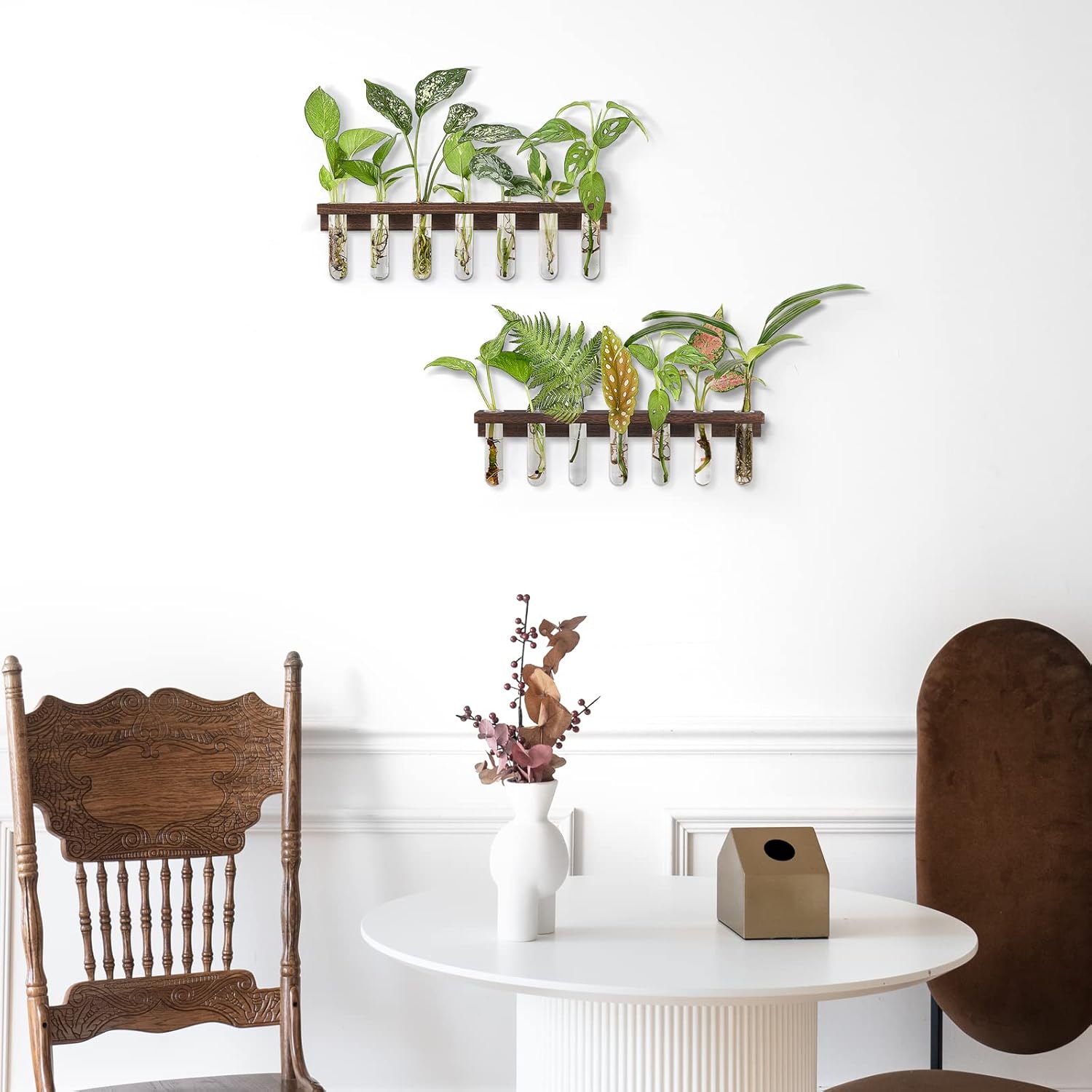 Dahey 3 Pack Metal Iron Hanging Flower Pots for Railing and Plant Propagation Wall Mounted 2 Pack Terrarium Station with Wooden Stand Glass Test Tube Flower Vase for Home Garden Office Decor