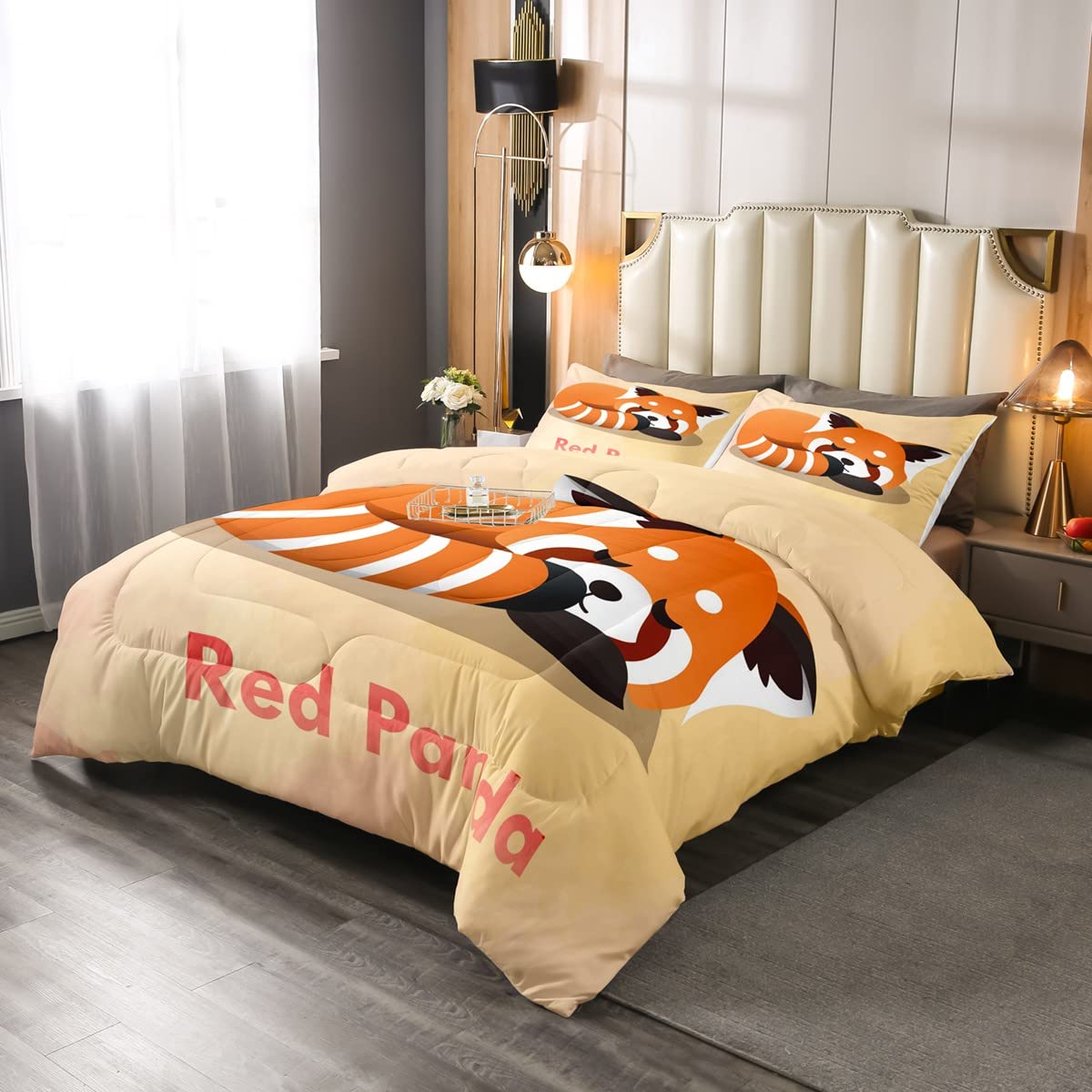 Panda Comforter Set for Girls Boys Teens 3D Panda Bedding Set Cute Red Panda Down Comforter Animal Funny Orange Yellow 3Pcs Bedding King