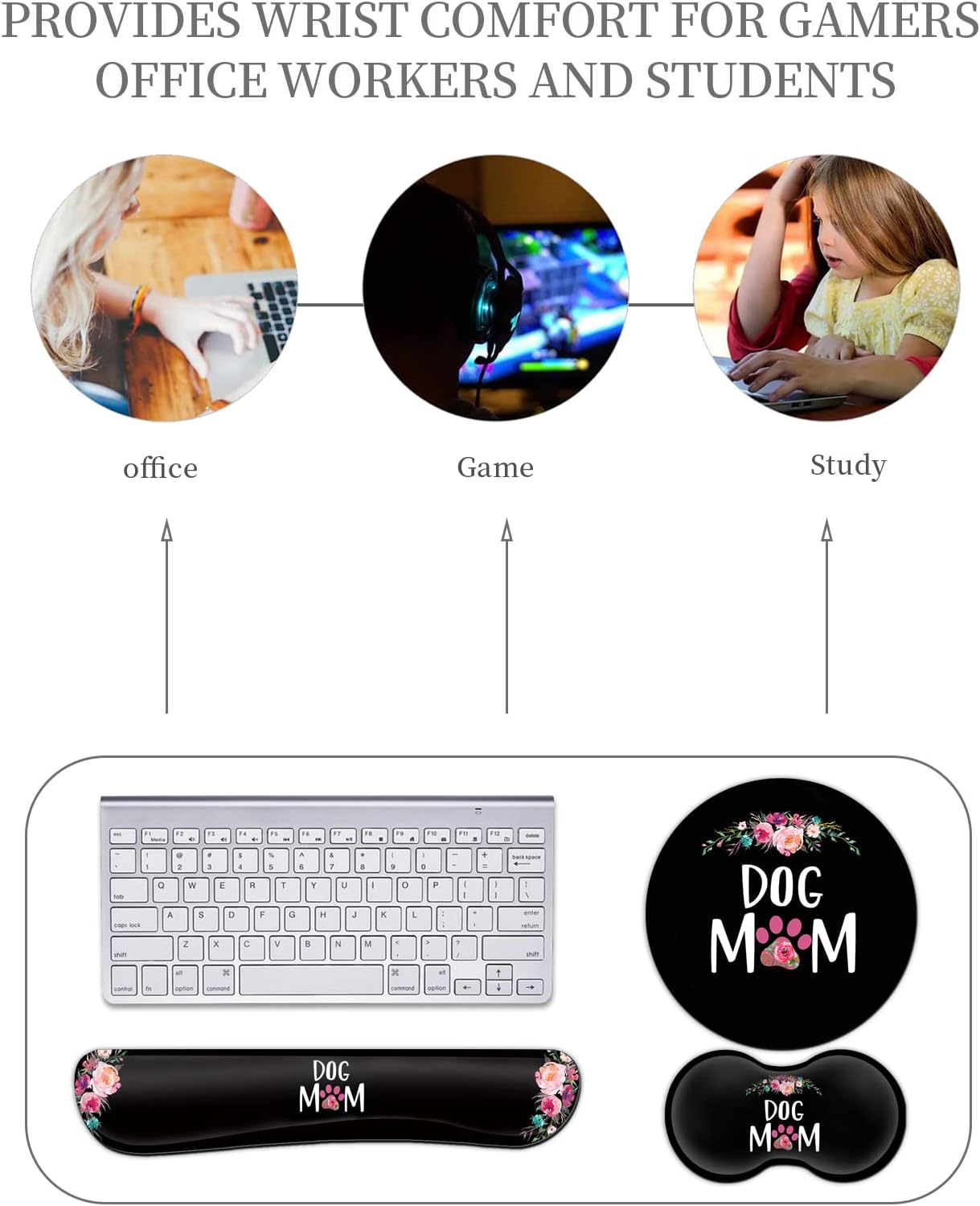 Ergonomic Mouse Pad with Wrist Support Set and Keyboard Wrist Rest Set for Laptop, Mac, Gaming and Office, Durable, Comfortable and Pain Relief + Coaster ，Dog Mom Floral Design