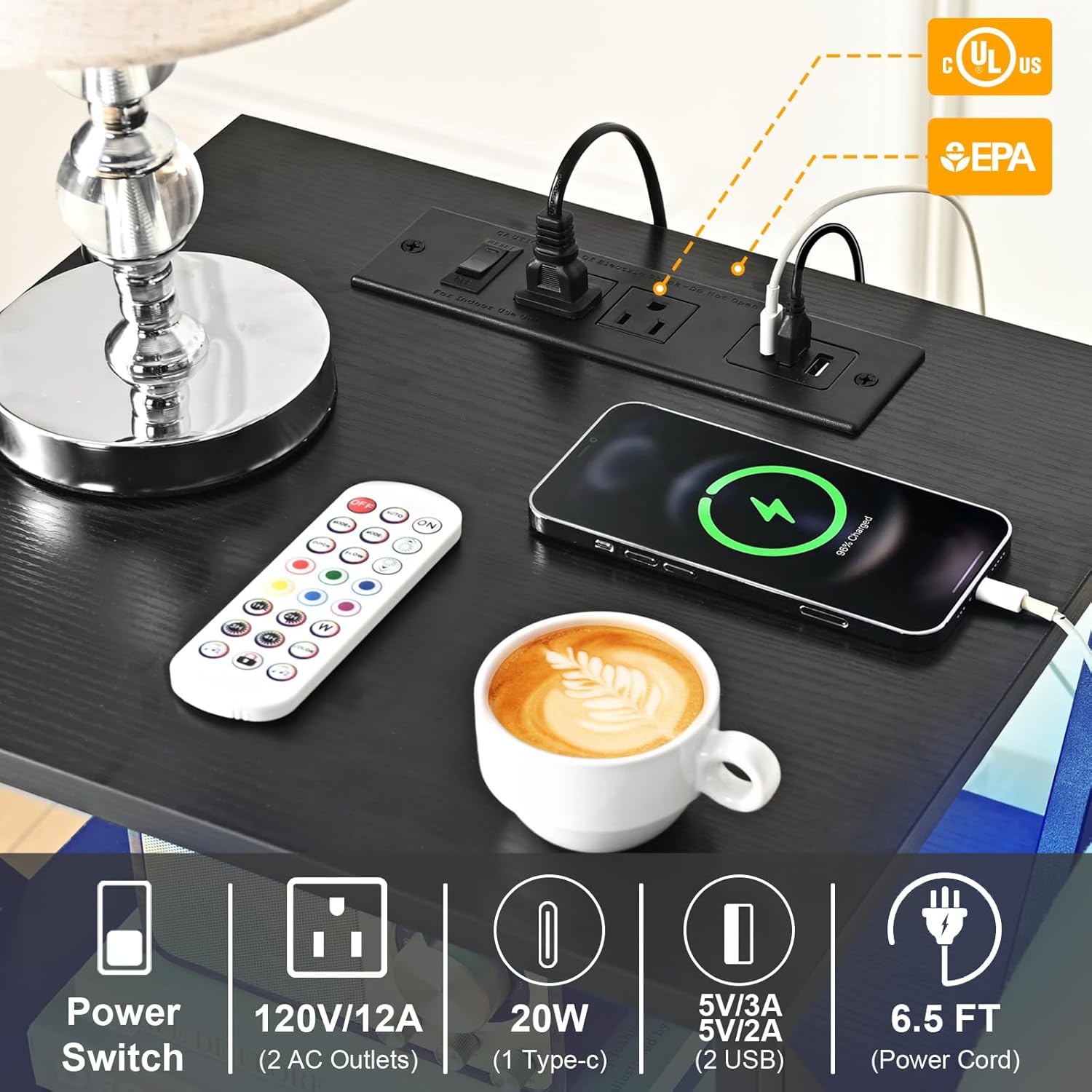 Livofloral Nightstand with Charging Station, LED Night Stand Set 2 with Wood Drawers, Farmhouse End Table with Storage, Living Room Side Tables Set of 2, Bed Side Tables with Drawer for Bedroom, Black