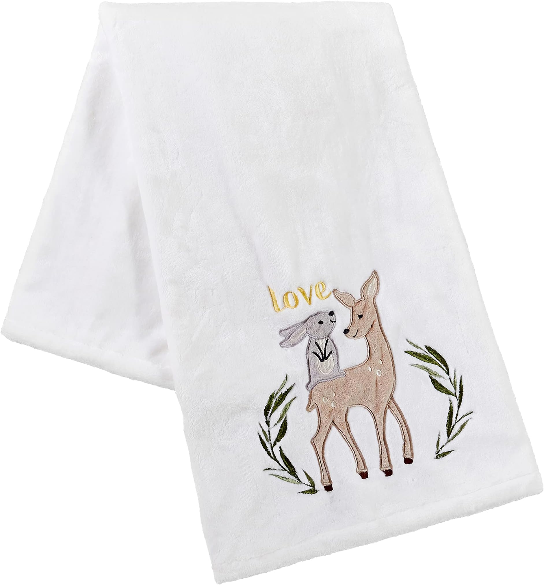 Woodland Pals Plush Blanket - Appliqued and Embroidered Bunny and Deer on Cream Plush - Taupe, Grey, Green - Nursery Accessories - Blanket Size: 30 x 40 in.