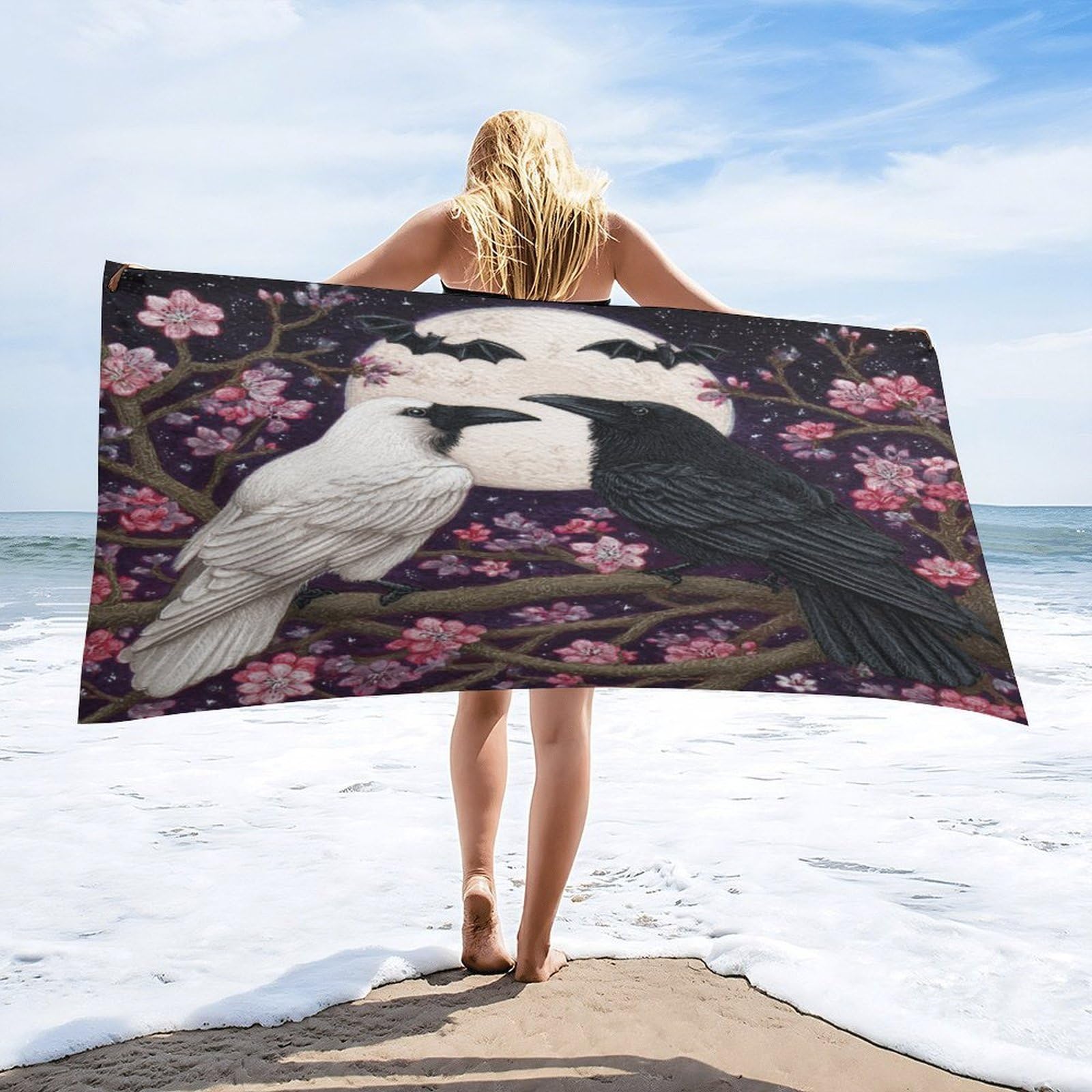 Luyysky Beautiful Retro Raven Couple Quick-Drying Beach Towel, Mid Century Rustic Full Moon Japanese Cherry Blossom Animal Bat Travel Vacation Single Sided Pile Bathroom Towels-80 W Cm X 160" L Cm