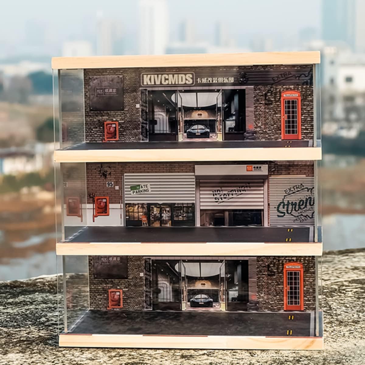 1:24 Scale 3-Tier Vehicle Display Case with Parking Lot Scene for Sports Car & Lego Collectors, Display Stand for Alloy Car Model Toy (3-Tier Auto Repair Store Scene)