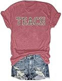 Teacher Shirts for Women: Embroidery Teach T-Shirts Leopard Teaching Graphic Gifts Short Sleeve