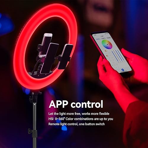 Miniatura 5 de LDGHO Anillo de luz de 19 pulgadas, controlado por Bluetooth móvil, con trípode y soporte para teléfono, 45 W a todo color, para transmisión en