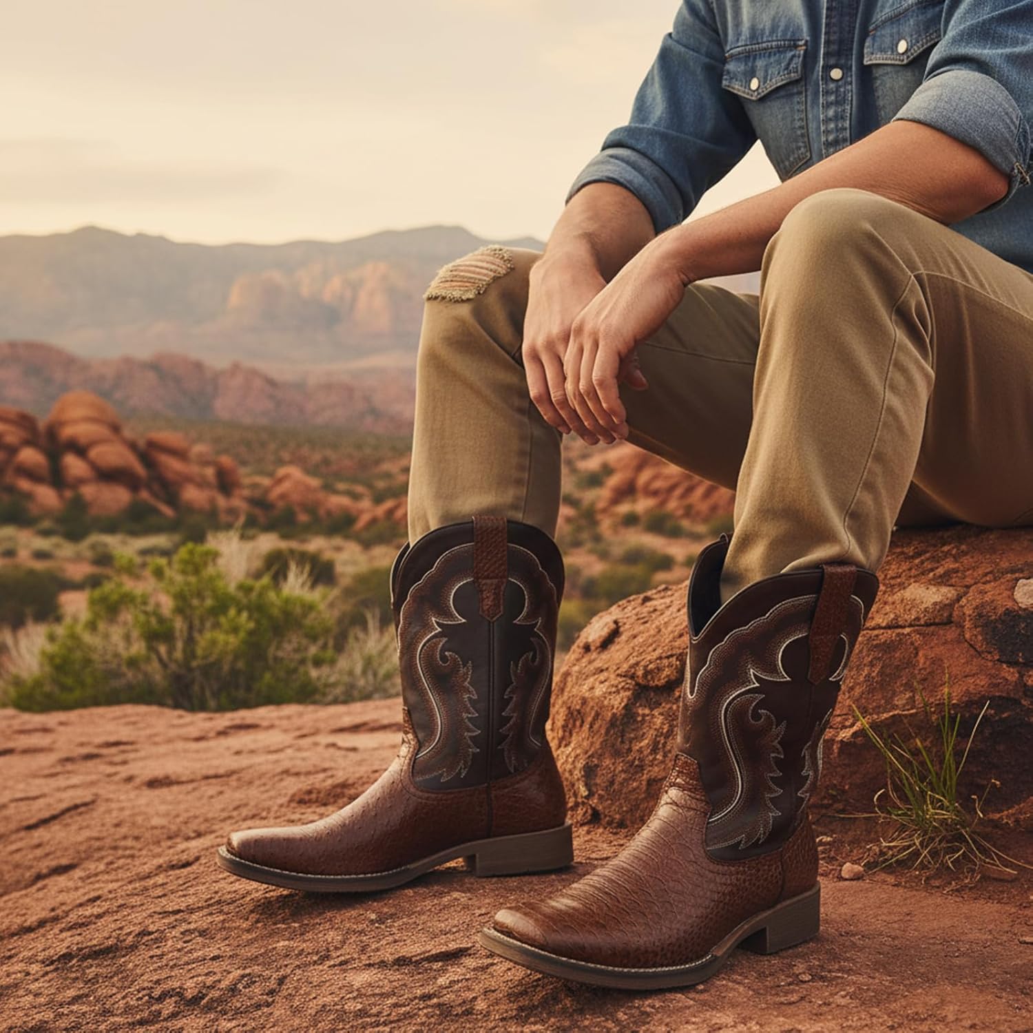 IUV Cowboy Boots for Men Faux Snake Skin Embroidered Western Boots Slip Resistant Square Toe Pull on Mid Calf Cowboy Boot - Image 3