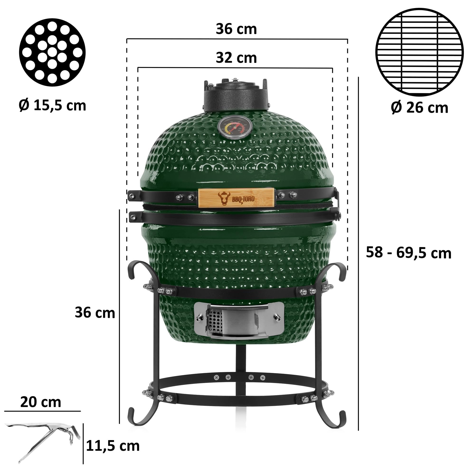 BBQ-Toro Barbacoa de Carbón Kamado "Haiiro" | Ø 32 cm | Barbacoa con Termómetro y Asas de Madera | Color Verde | Parrilla de Cerámica Kamado, Mini Parrilla de Carbón