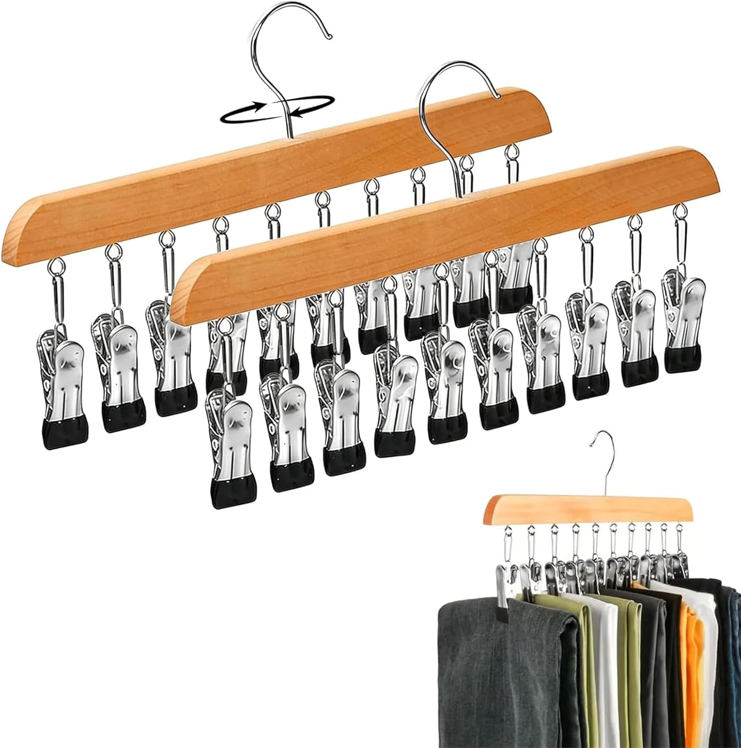 Wooden Pants Hangers with 10 Clips, 2 Pack 360° Rotating Hook Closet Organizer, Space-Saving Hanger for Skirts Scarves Hats Socks, Non-Slip Heavy Duty Wooden Hanger for Wardrobe(2 Pack)