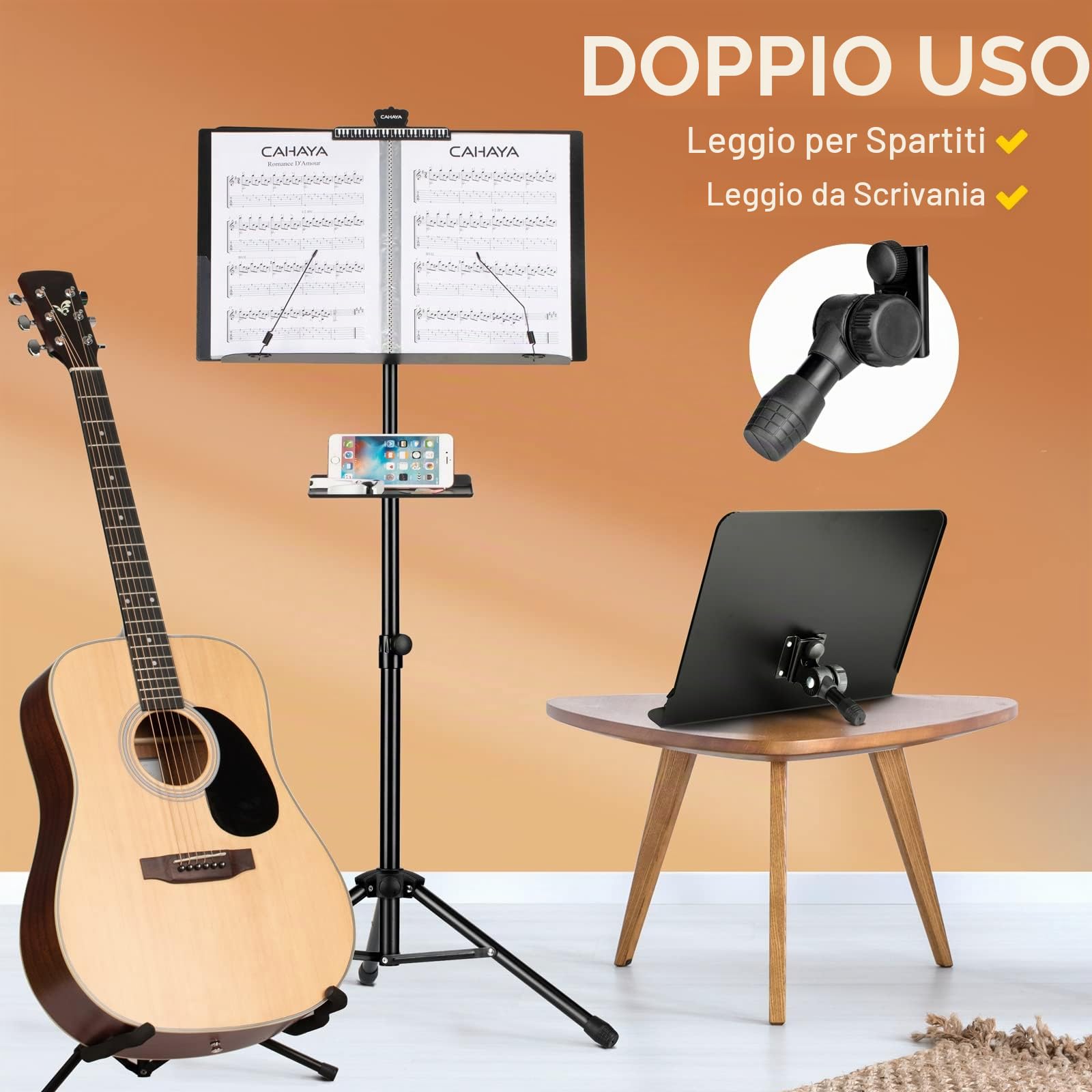 CAHAYA Leggio per spartiti a doppio uso, con vassoio a morsetto e supporto per libri da tavolo, cartella per spartiti, supporto per proiettore, per chitarra, ukulele, violinisti