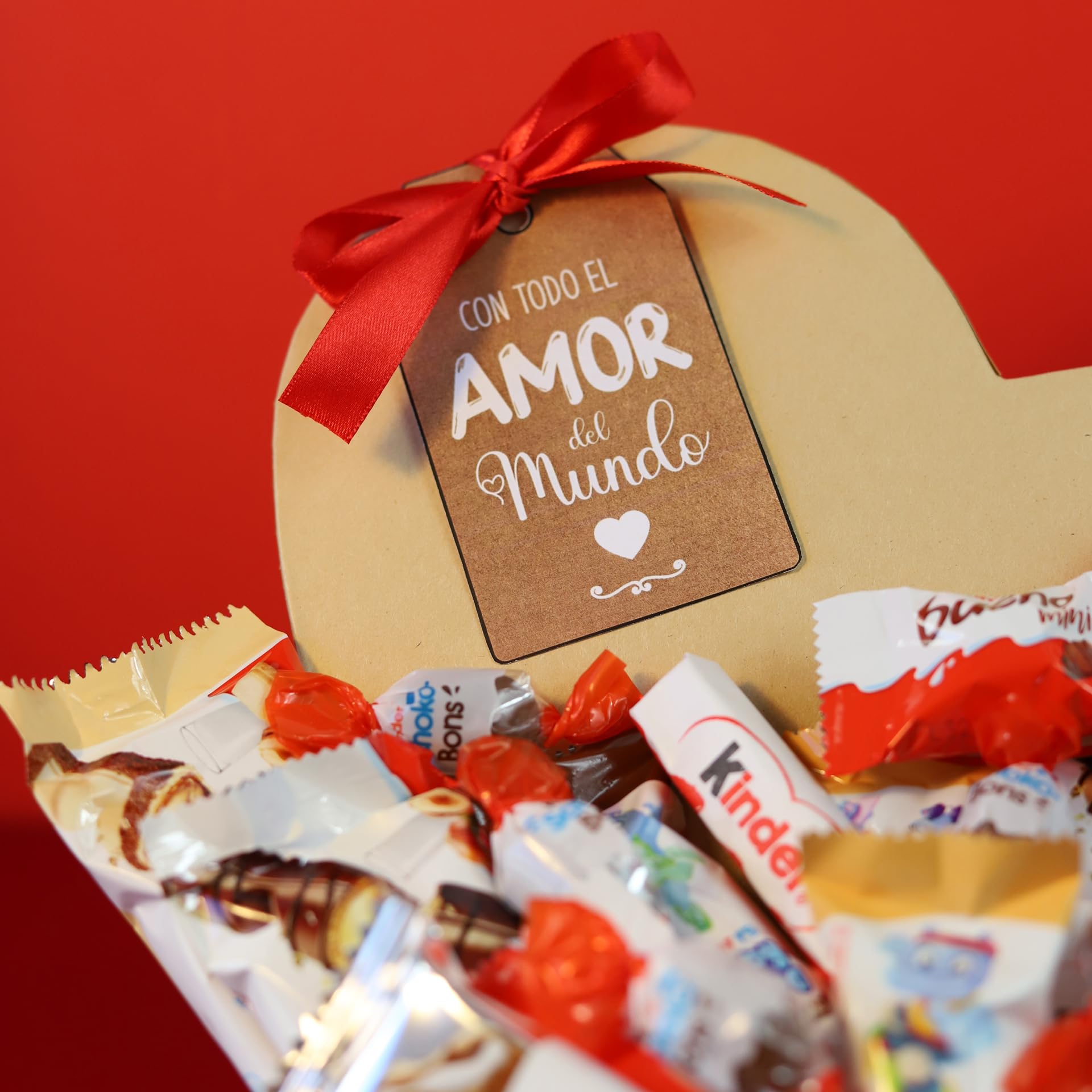 Onza Corazón San Valentín de Chocolates Kinder Bueno para regalar - Caja Chocolates originales con Kinder Bueno Mini, Schokobons, Happy Hippo, Kinder Bueno White - San valentin regalos mujer