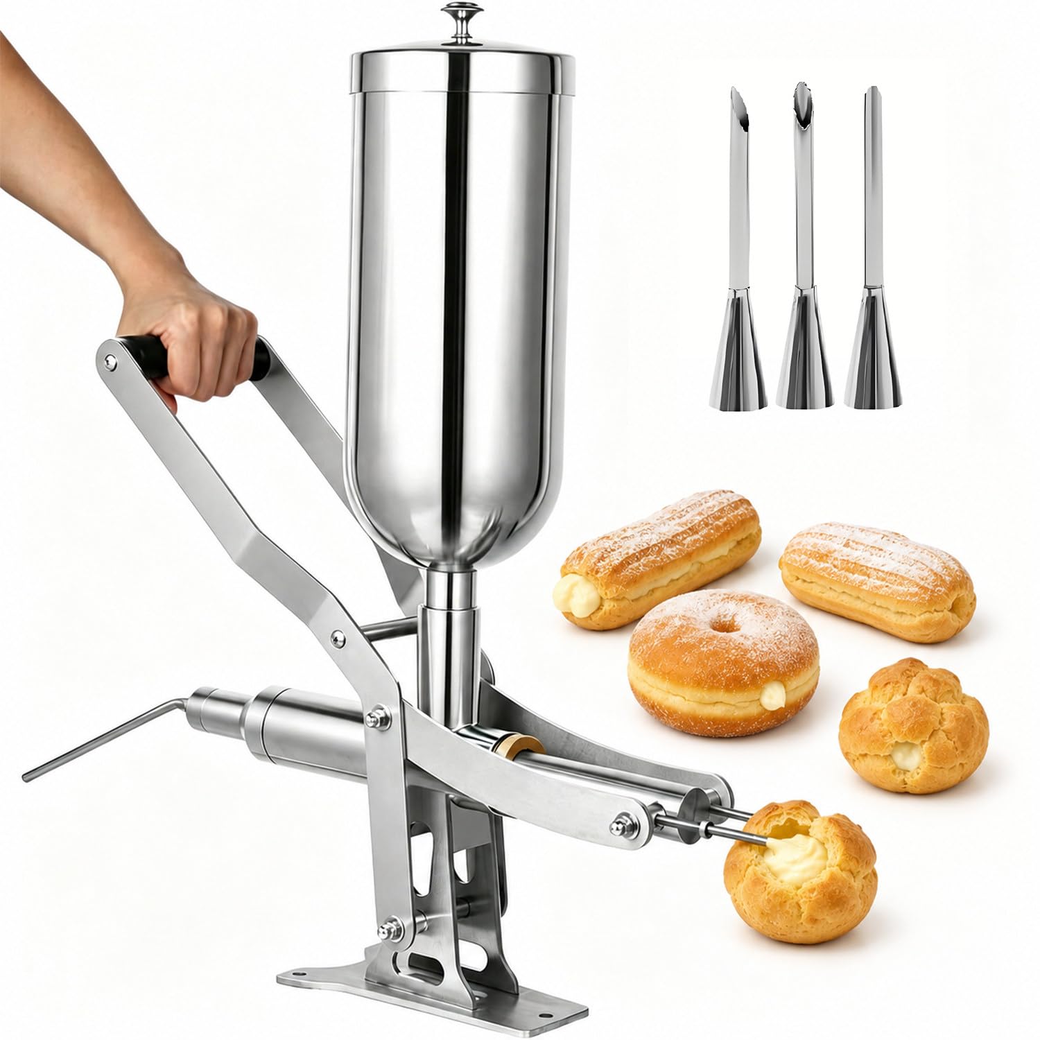 Donut Filler Machine, Croissant Filling Machine, Manual Donut Filler, Stainless Steel, 5l Capacity, With 3 Short Nozzles and 1 Long Nozzle, Adjustable Filling Amount, Filling Accuracy ±1g
