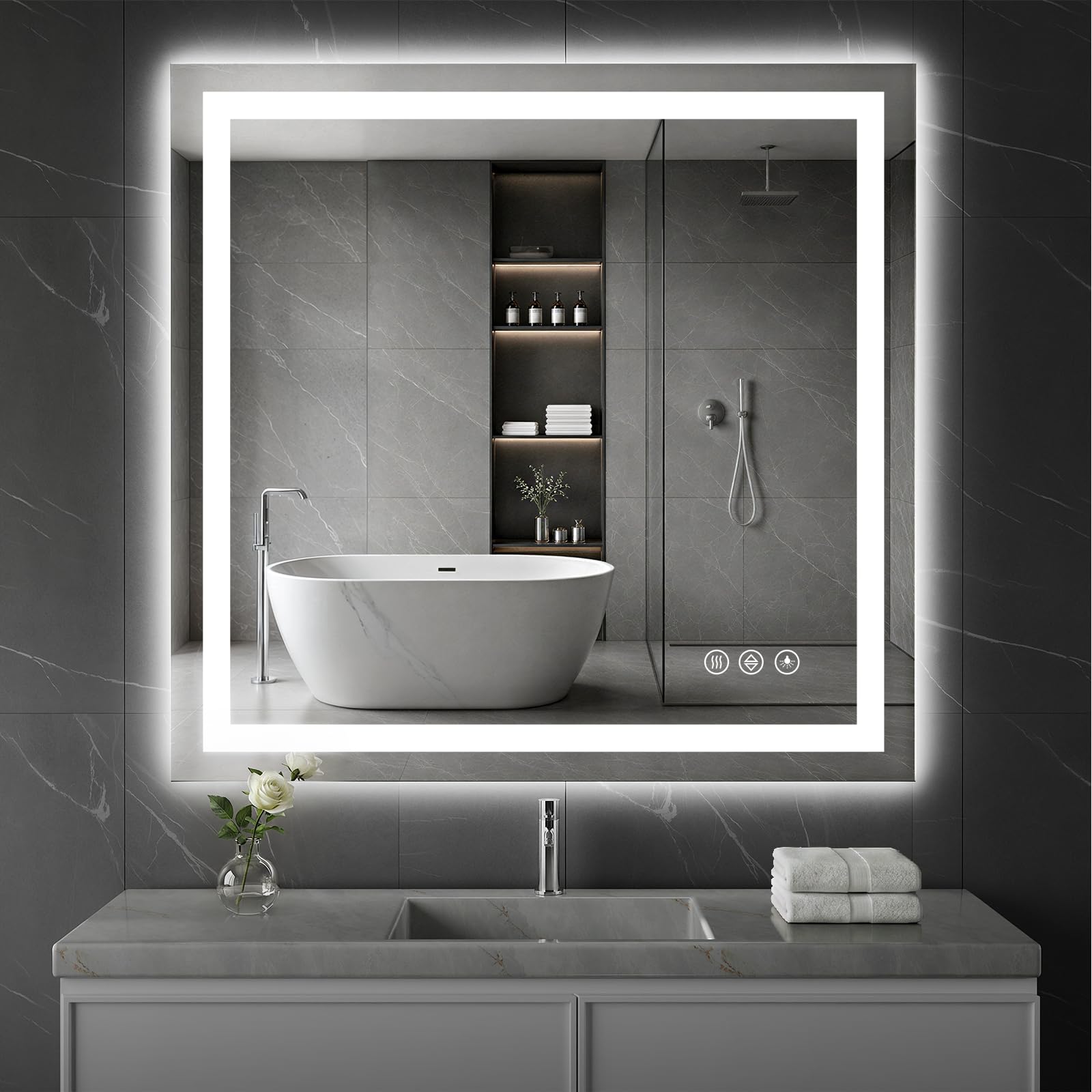 Koonmi 40x36 LED Bathroom Mirror, Shatterproof Mirror with Light