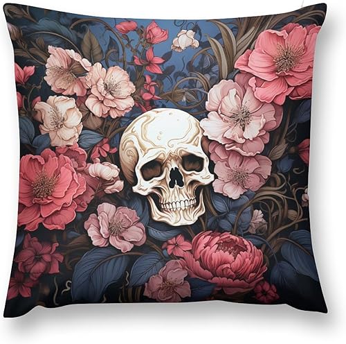 Miniatura 2 de Cojines Decorativos para Sala - Fundas de almohada con diseño de calavera negra con flores rosadas, cuadradas, suaves, de doble cara, para el hogar,