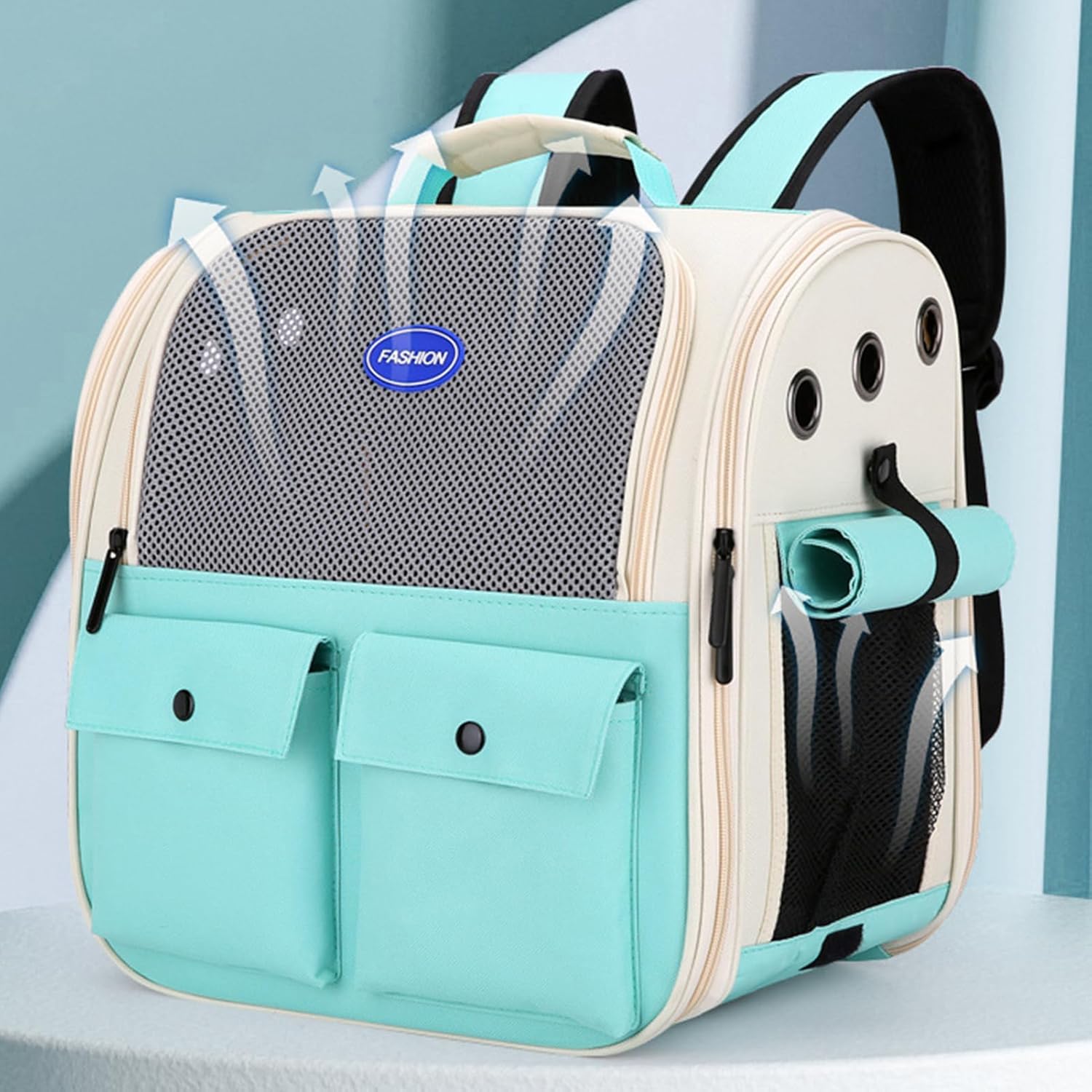 Cat Carrier, Large Breathable Mesh Animal Backpack, Foldable Cat Bag with Padded Shoulder Straps and Waist Belts, Cat Backpack for Puppies Kittens Bunnies (Green)