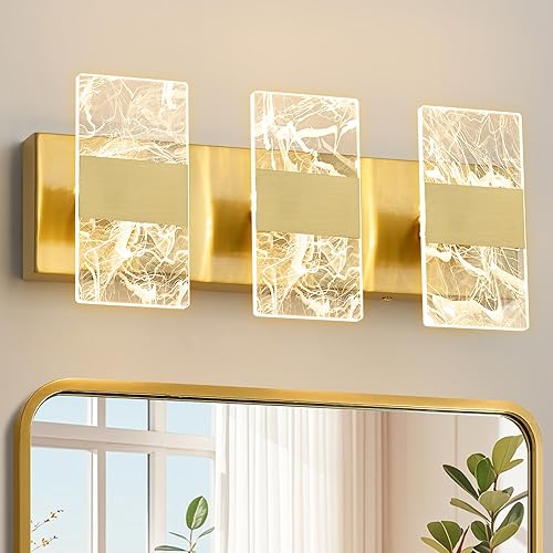 Moderna lámpara LED de baño, regulable, 3 luces, color dorado, 5CCT, ajustable, luces de tocador sobre el espejo, luces LED de acrílico ahumado para